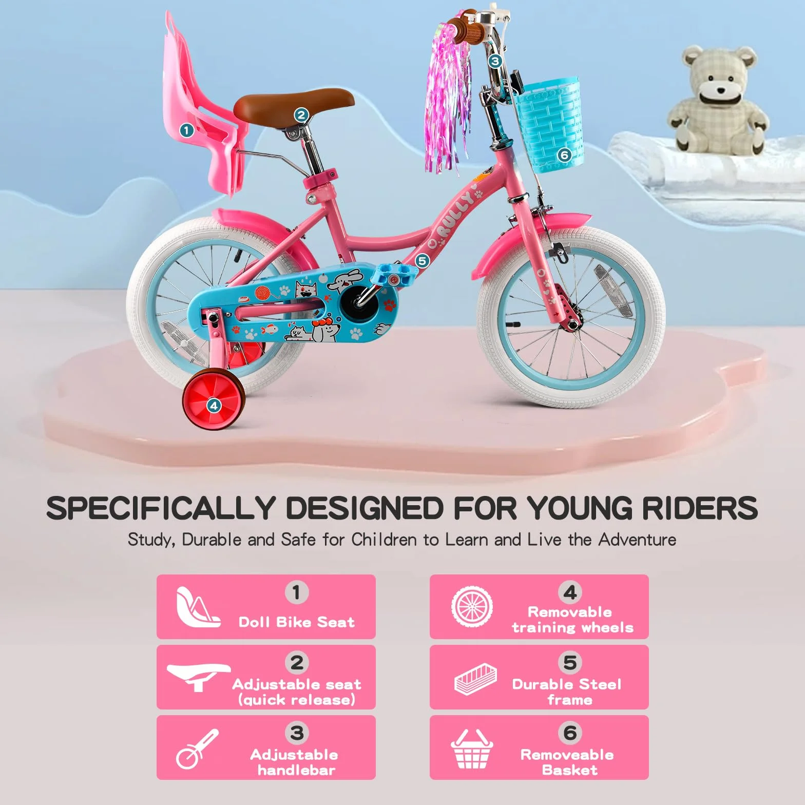 RULLY Vélo Fille 12–16 Pouces avec Roulettes Stabilisatrices, Panier et Siège Poupée – Vélo Enfant Multicolore 2–6 Ans