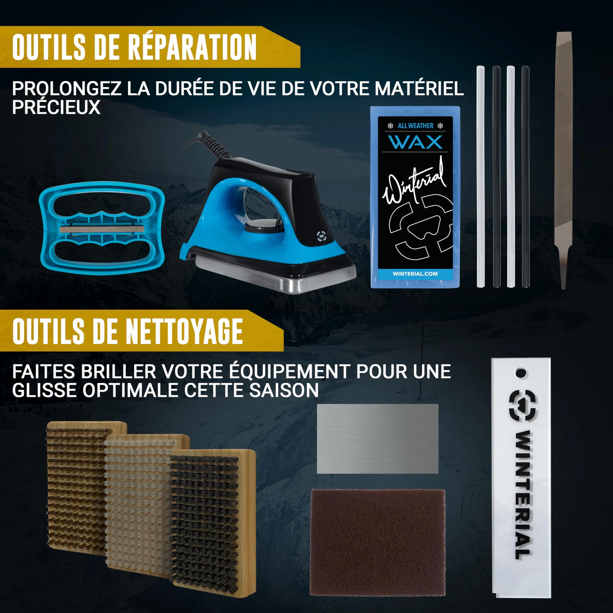 Kit de réglage Snowboard Ski Winterial avec Fer, Cire Toutes températures, Lime Bords coudés, PTEX