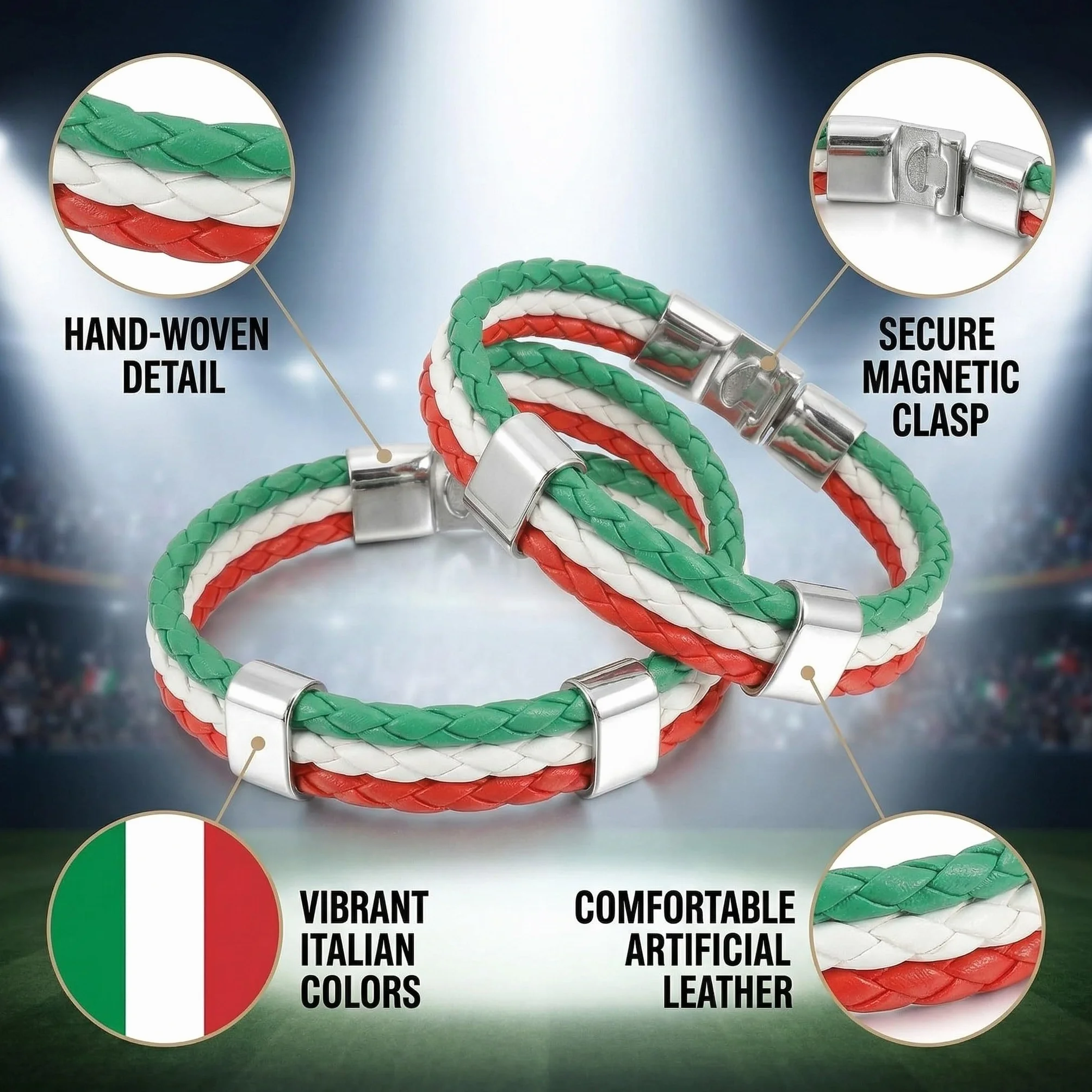 Bracelets Italie Supporter Simili-Cuir Tressé Drapeau Italien Tricolore 22cm