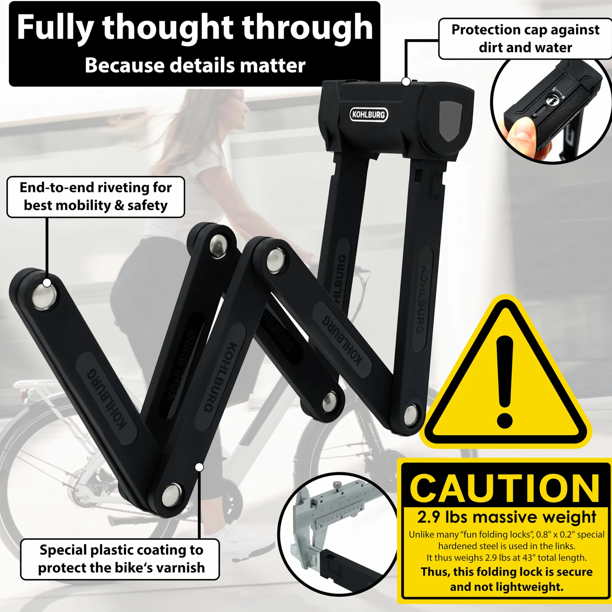 KOHLBURG Antivol pliable pour vélo - 108 cm - Sans danger pour coupe-boulons - Avec support | Antivol pliable pour vélo avec 3 clés - Antivol pour vélo électrique - Haute sécurité - Serrure pour vélo électrique et vélo