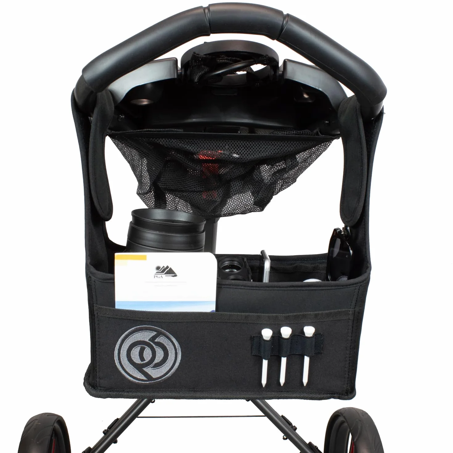 Poche organisatrice universelle pour chariot de golf à pousser, support à accès facile pour accessoires, télémètre, boisson et plus. Compatible avec Motocaddy, Powakaddy, Clicgear, Cube, Masters, Big
