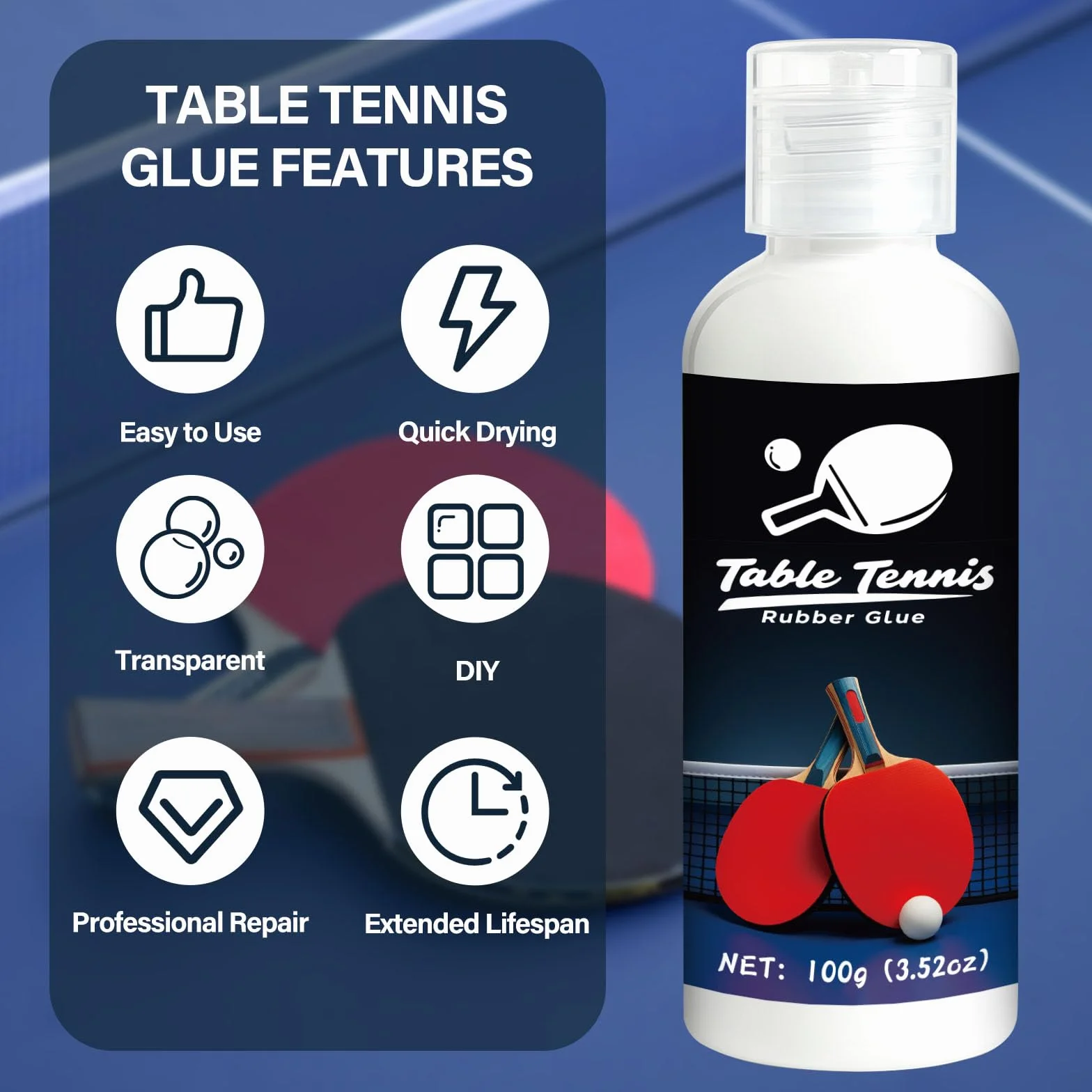 Colle Tennis De Table 100ml, Adhésif pour Revêtements avec Éponges Élastiques, Quatre Brosses en Éponge