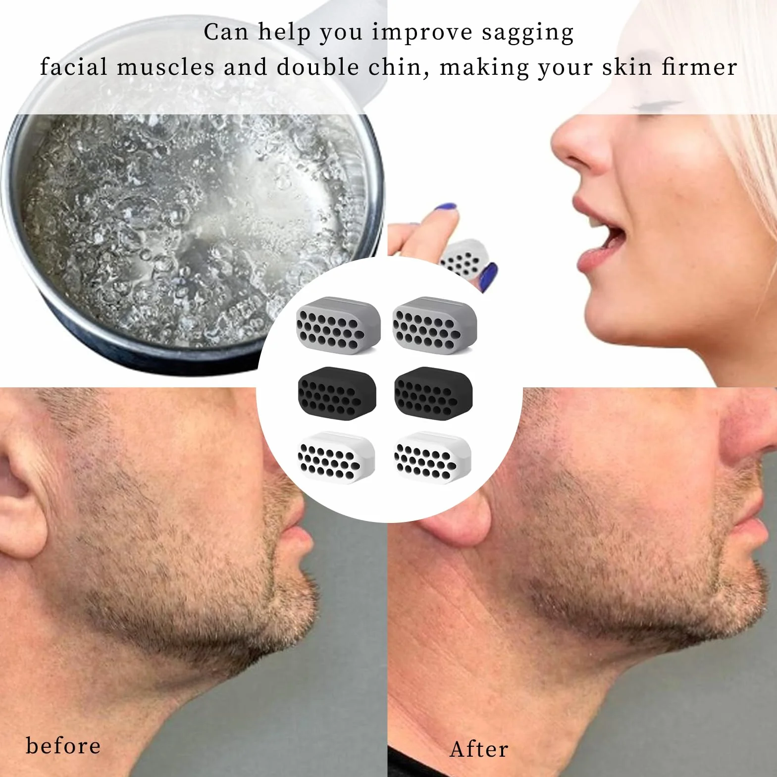 Jaw Trainer Hommes Femmes, 6 Pièces Silicone Gomme Machoire Musculation, Jawline Exercice Double Menton