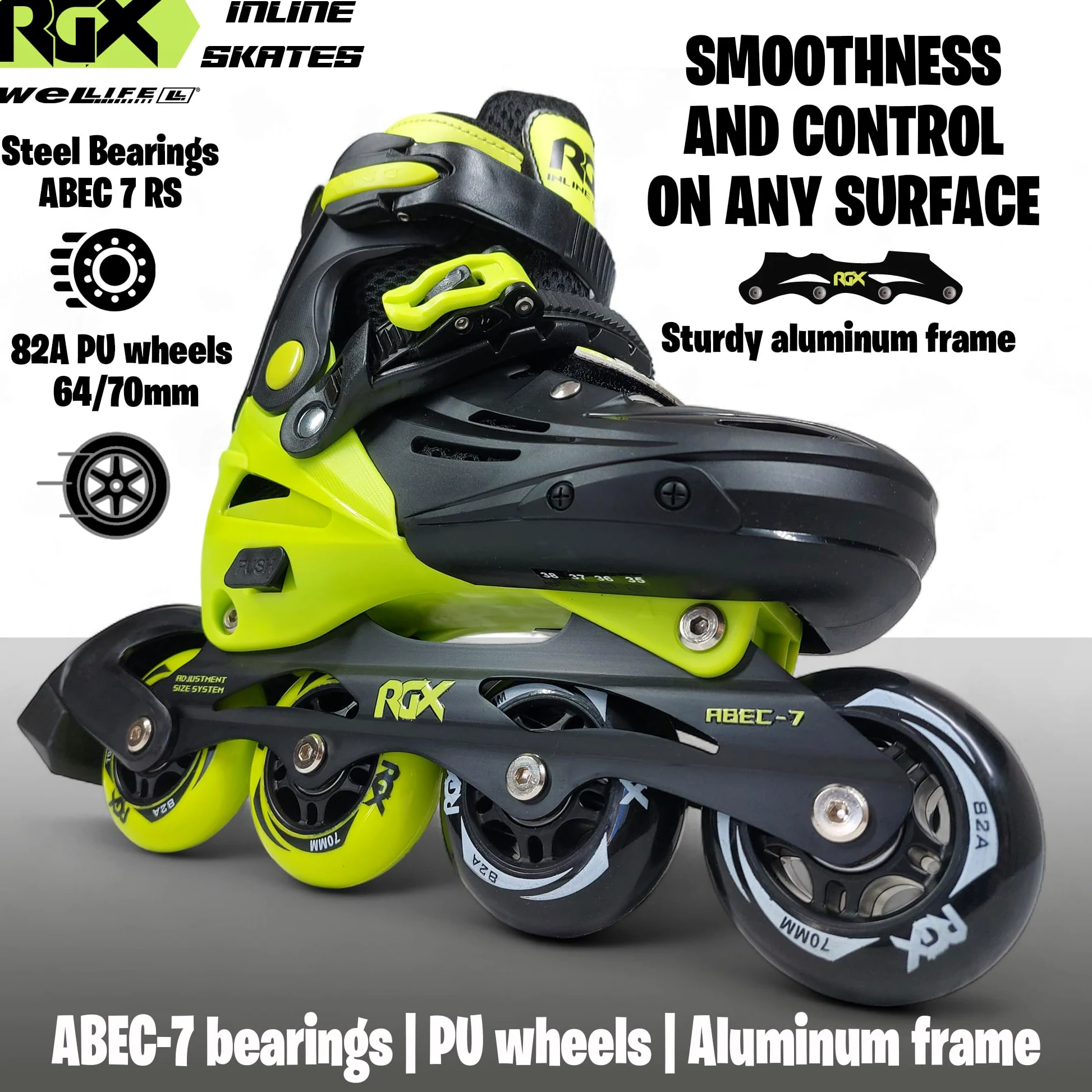 WeLLIFE RGX Patins en ligne réglables pour enfants et adolescents 4 tailles | Double configuration des roues pour débutants | Coque rigide et doublure en velours | plaque aluminium | roulements ABEC-7