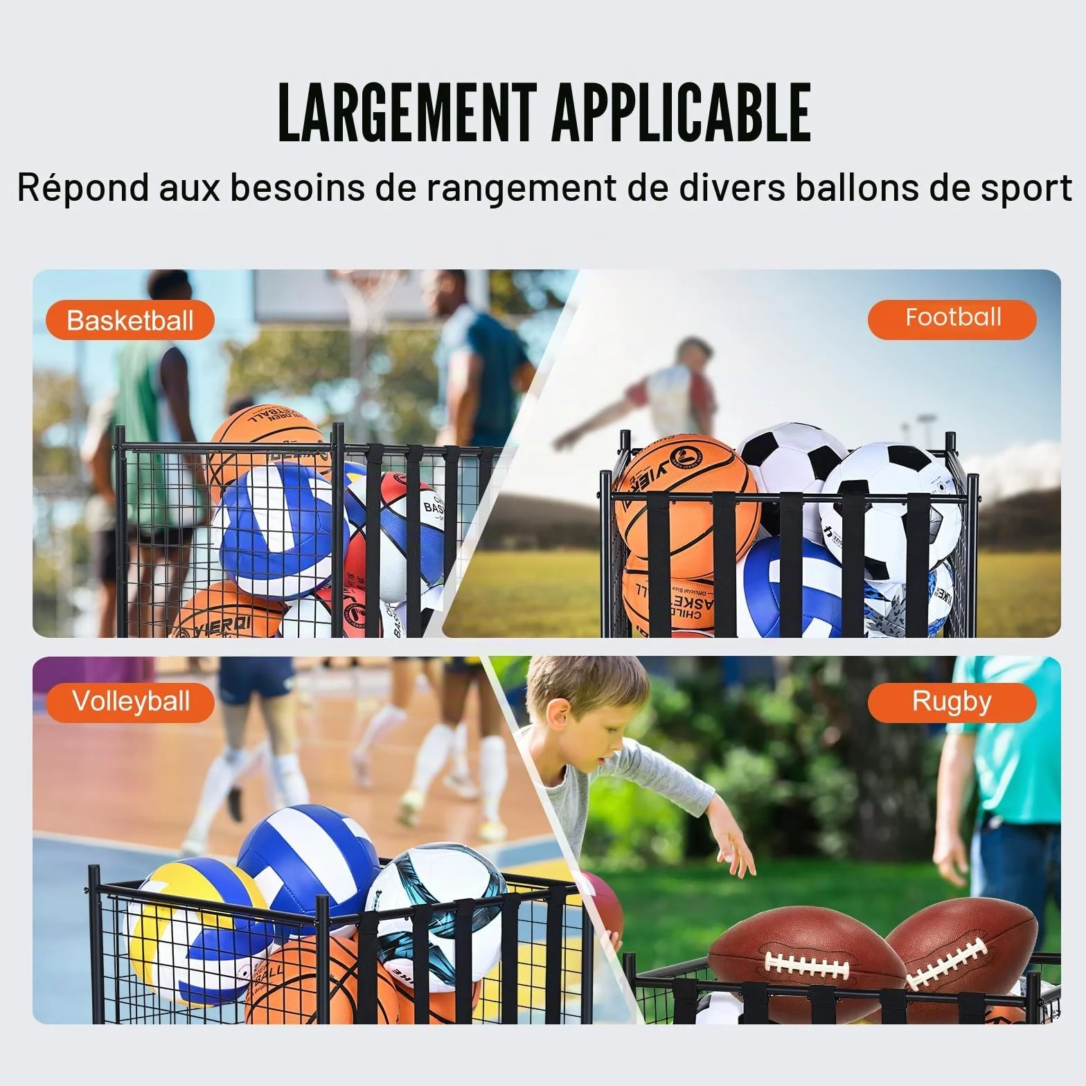 VEVOR Chariot de Rangement à Roulettes pour Ballons de Sport, Cage de Basket-Ball Verrouillable