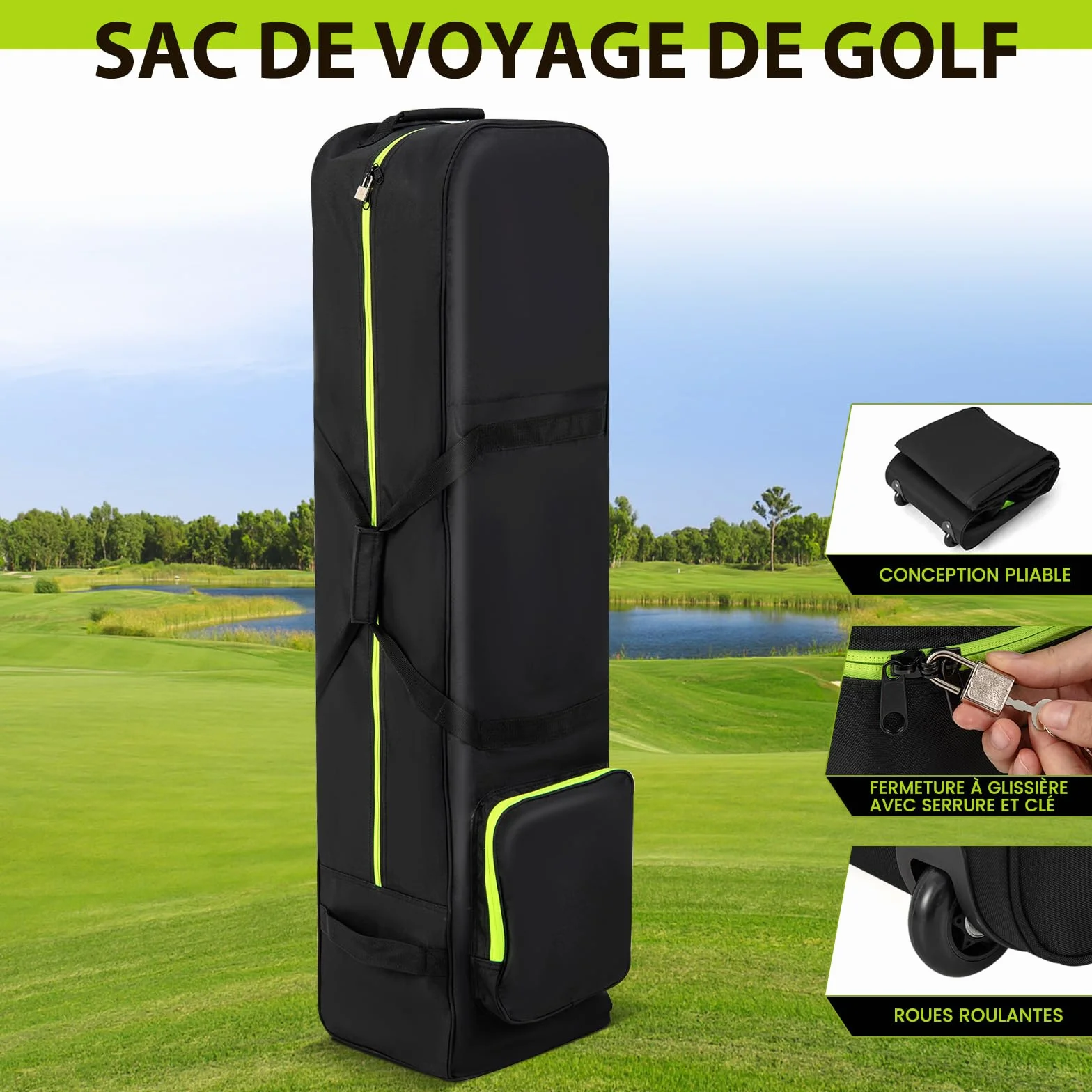 GOPLUS Sac de Golf à roulettes, Poche Latérale, Tissu Oxford Imperméable, Pliable pour Voyage