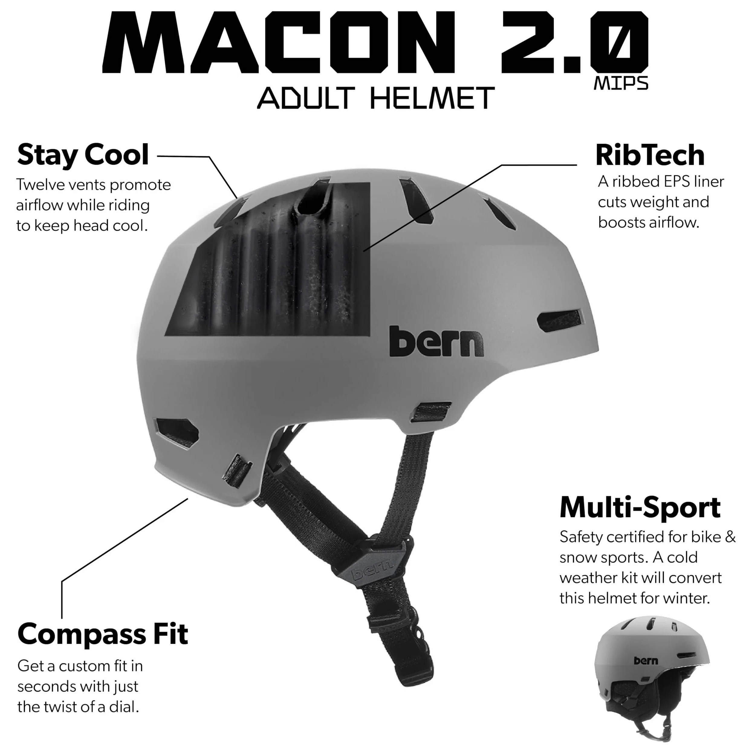 Bern Macon 2.0 MIPS Casque multisport pour adulte avec sécurité contre les impacts rotatifs, réglable, s'adapte à toutes les saisons, entièrement certifié