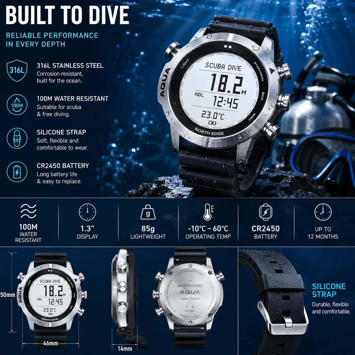 NORTH EDGE Montre de plongée 50M Altimètre Baromètre Boussole