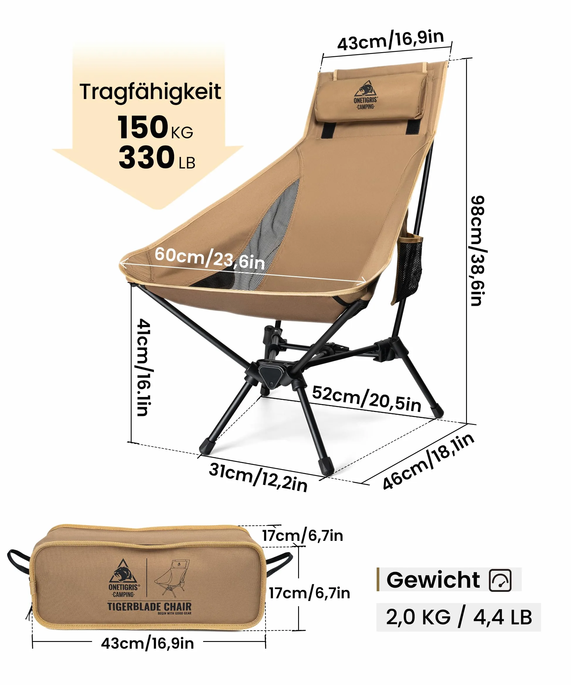 OneTigris Chaise de camping Tigerblade à dossier haut, capacité de charge 170 kg, cadre en aluminium, pliable, portable, taille adulte, pour l'extérieur