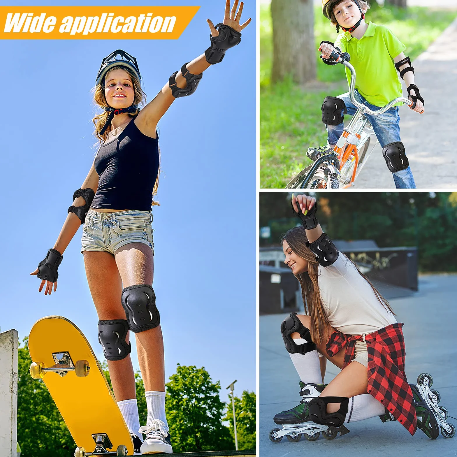 Protection Roller Enfant Adulte, Ajustable Genouillères Coudières Protège-Poignets Sets de Protection Enfant, pour Roller, Patinage, Skateboard, Vélo(6 Pièces, Noir)