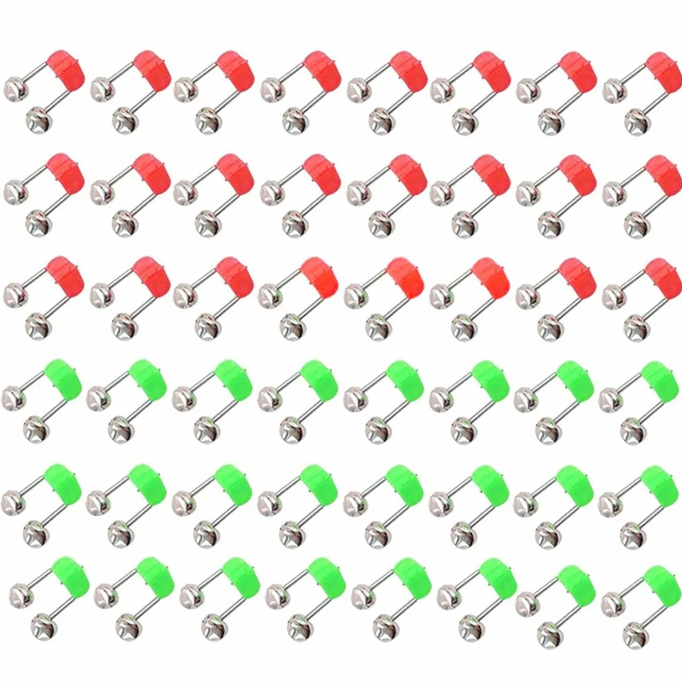 LATRAT 50pcs pêche Cloche, Accessoires de pêche Morsure indicateur Cloche pour Canne à pêche extérieure Double Cloche, Rouge, Vert