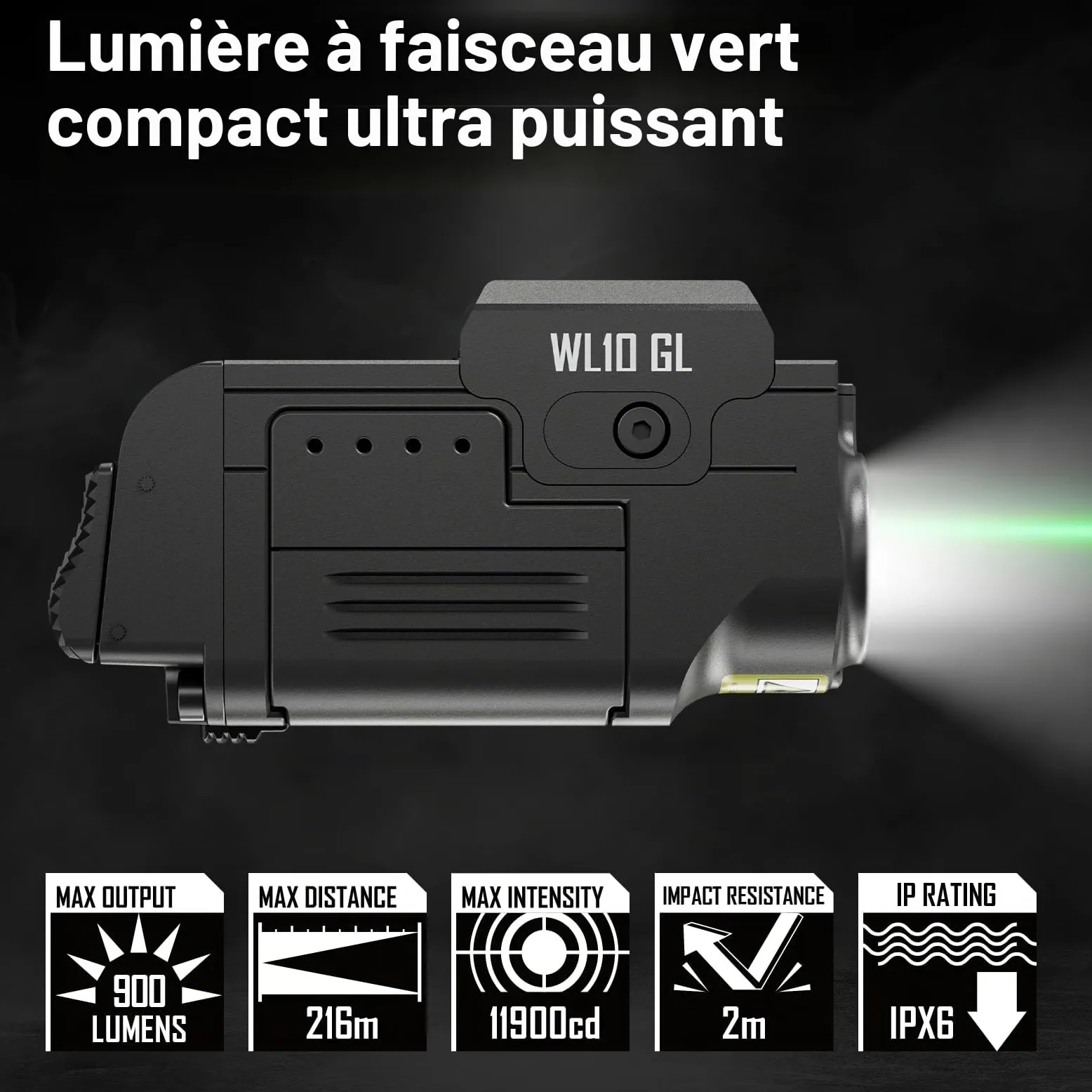 AIMWIN WL10 GL Lampe LED Tactique 900 Lumens Indicateur Vert Recharge Magnétique Montage Rail Universel