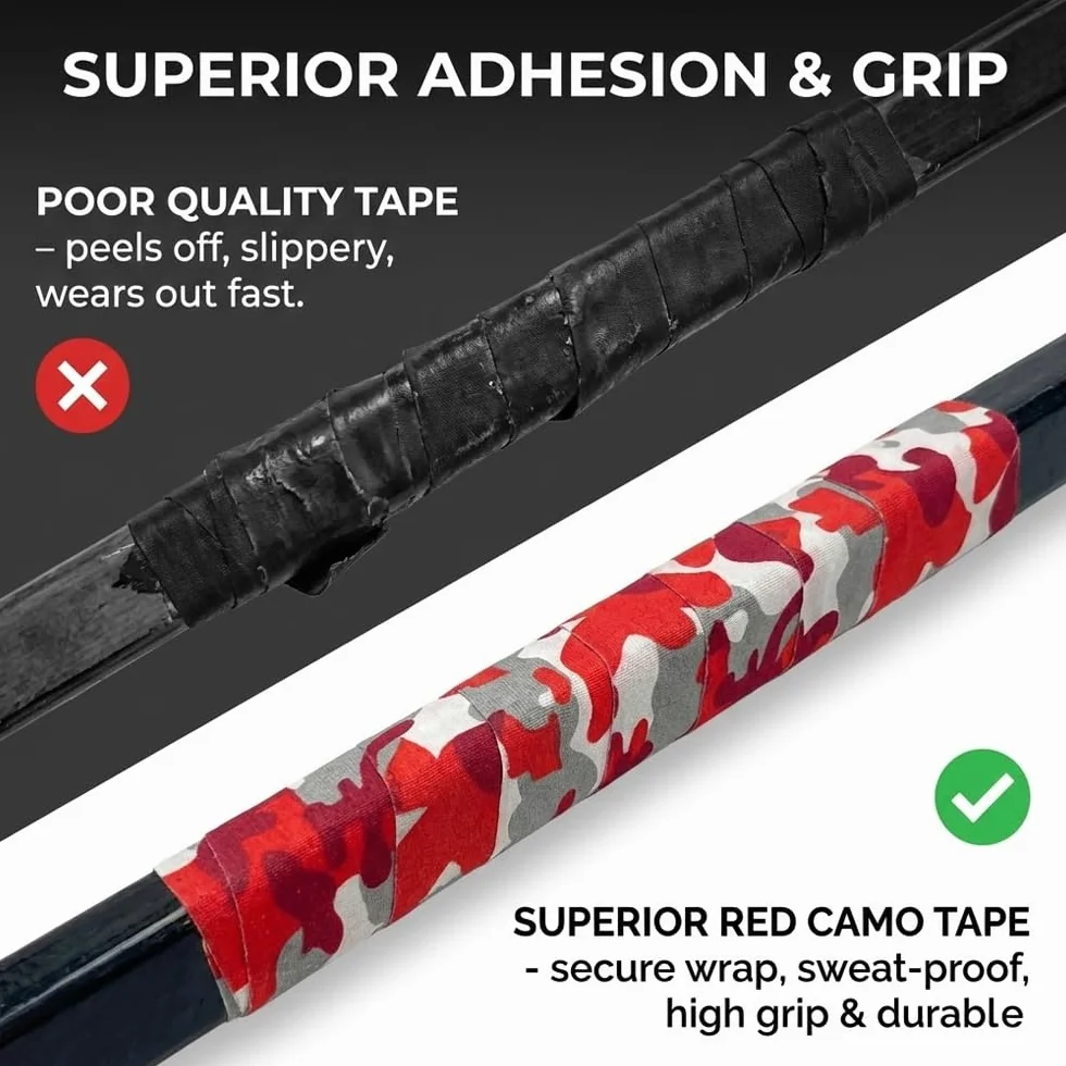 Ruban Adhésif Hockey 25m x 2,5cm Camouflage Rouge - Tape Coton Résistant au Froid Antidérapant