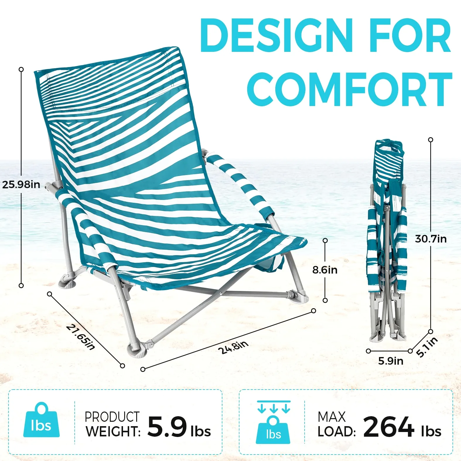 #WEJOY Chaises de Plage Basses pour Adultes - Chaise de Plage légère avec Porte-gobelet - Chaise de Plage Portable Robuste avec Sac de Transport pour extérieur, pelouse, Camping, Voyage, Pique-Nique,