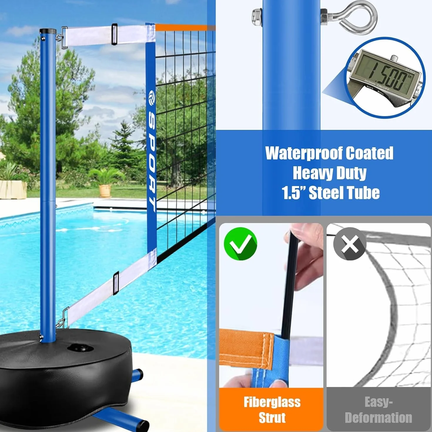 Furypiont Filet de volleyball portable pour piscine – Longueur réglable 4,5-7,6 m avec 2 balles d'eau