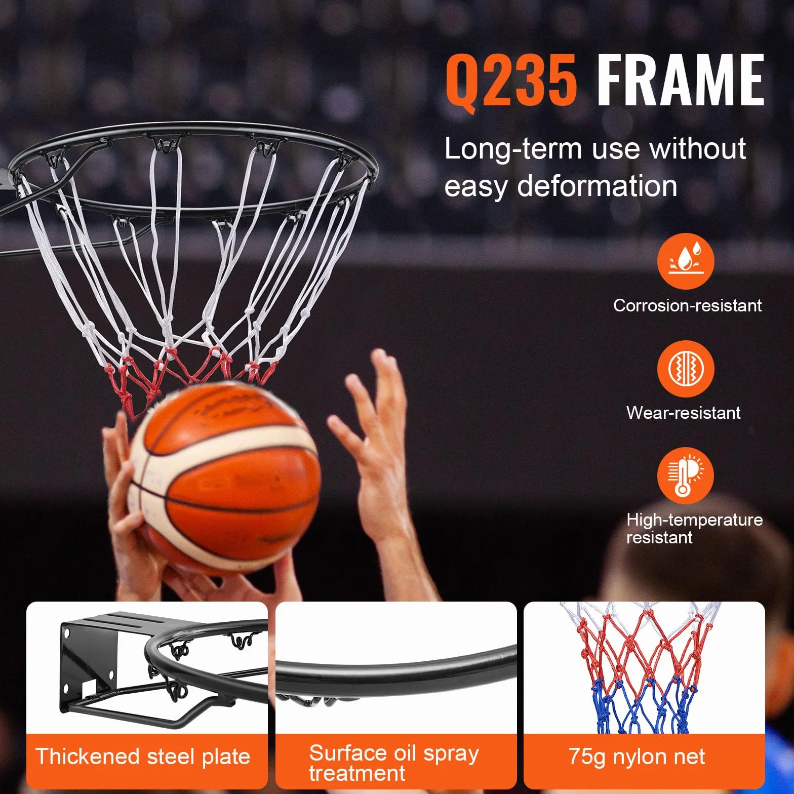 VEVOR Panier de Basket Diamètre 485 mm Cerceau Acier Carbone Filet But Mural Remplacement Entraînement Extérieur Intérieur