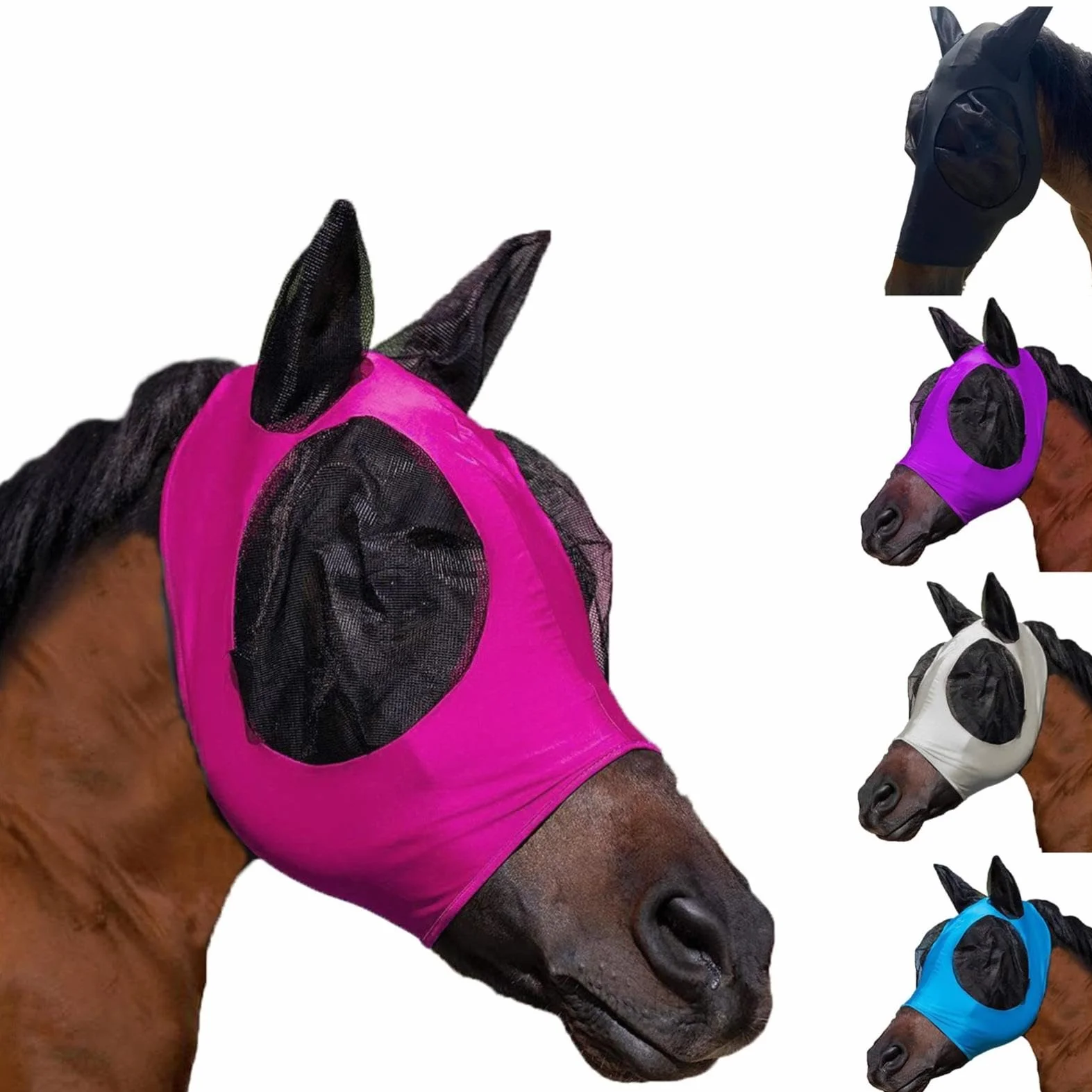 Masque anti-mouches pour chevaux avec oreilles, lycra respirante, protection UV, 3 pièces