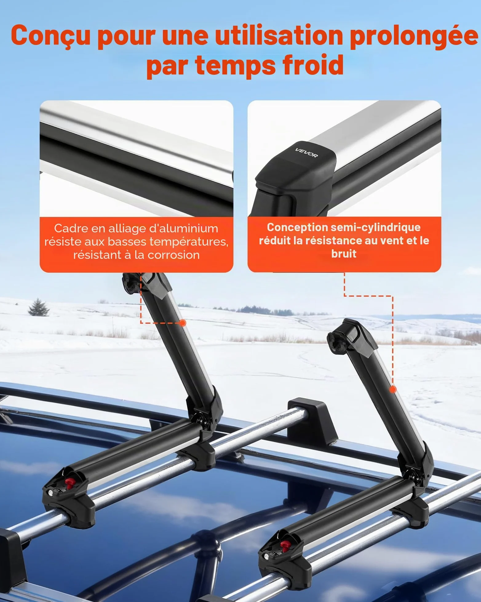 VEVOR Porte-skis sur barre de toit 465 mm, support pour planche à neige universel en aluminium avec verrou, capacité 4 paires de skis ou 2 planches, compatible avec la plupart des barres transversales