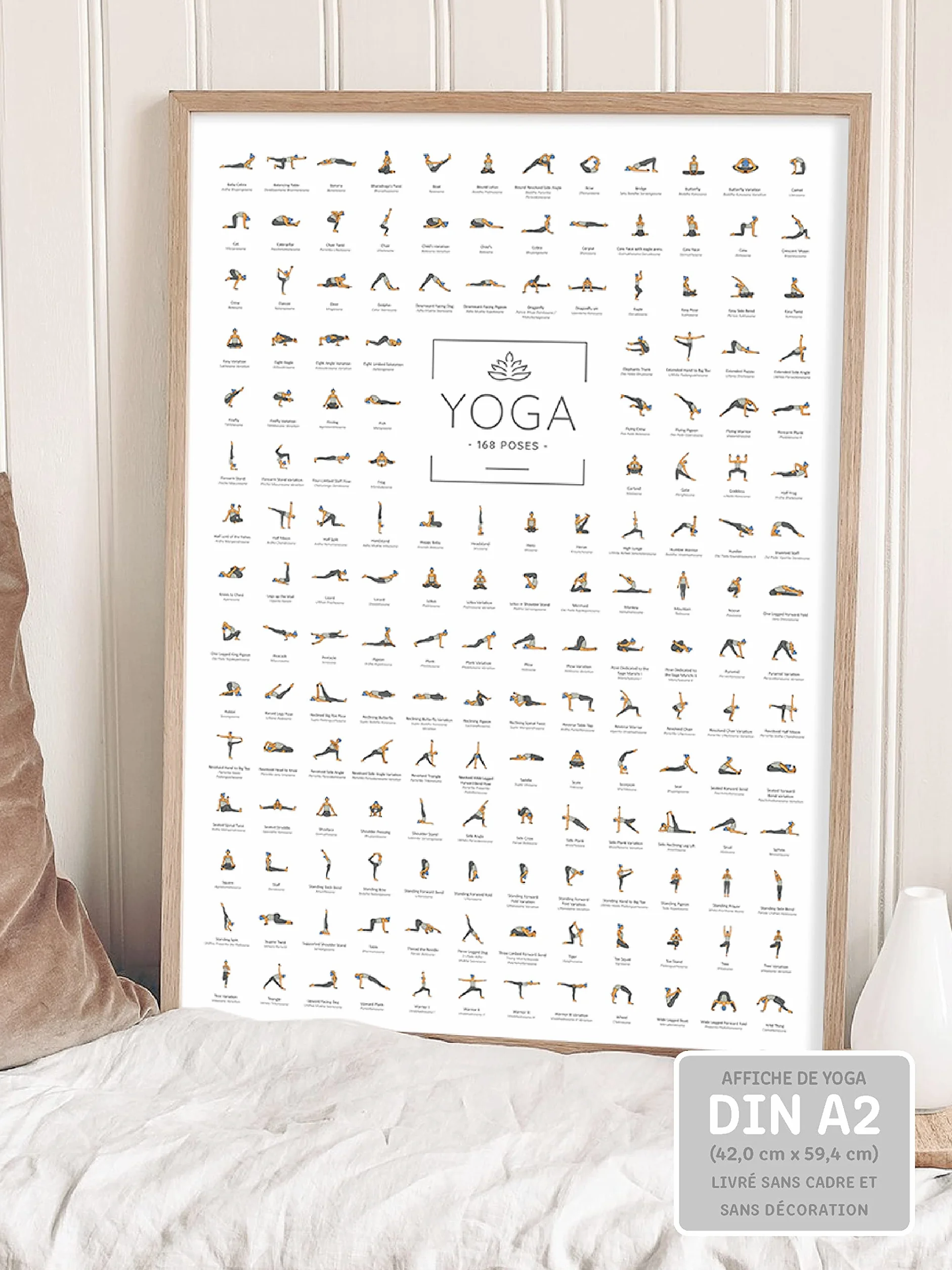 Poster de Yoga DIN A2 168 postures et asanas, accessoires de yoga pour studios et domicile JUNOMI