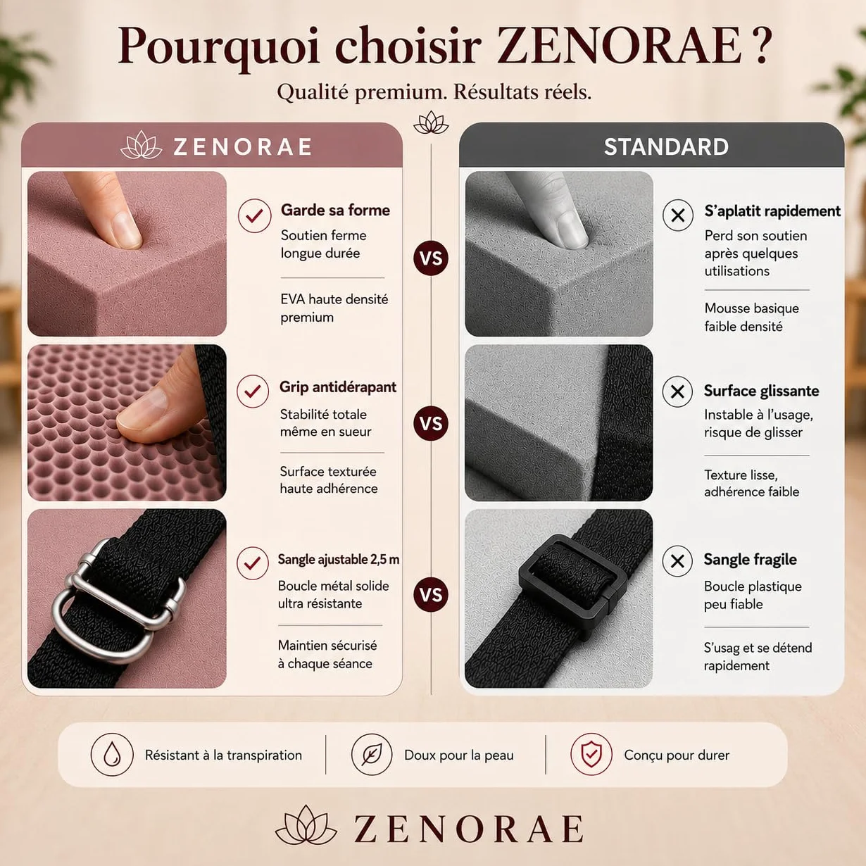 Kit Yoga ZENORAE – 2 Blocs EVA Haute Densité + Sangle Coton 2,5m – Briques Antidérapantes