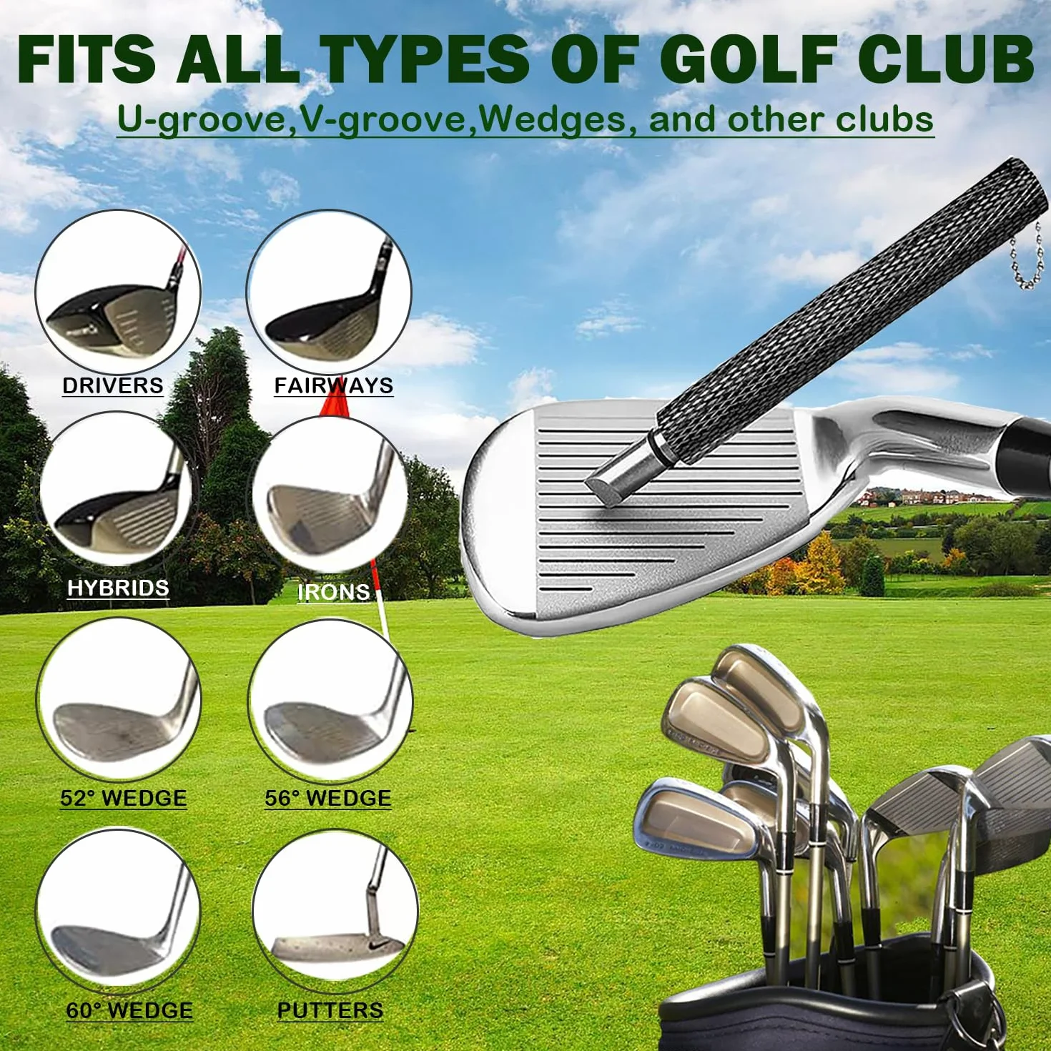 Pro Ensemble de nettoyage pour club de golf, brosse à eau avec clip de maintien et flacon de 4oz, aiguiseur de rainure de golf, convient pour rainures U et V (brosse noire + aiguiseur de