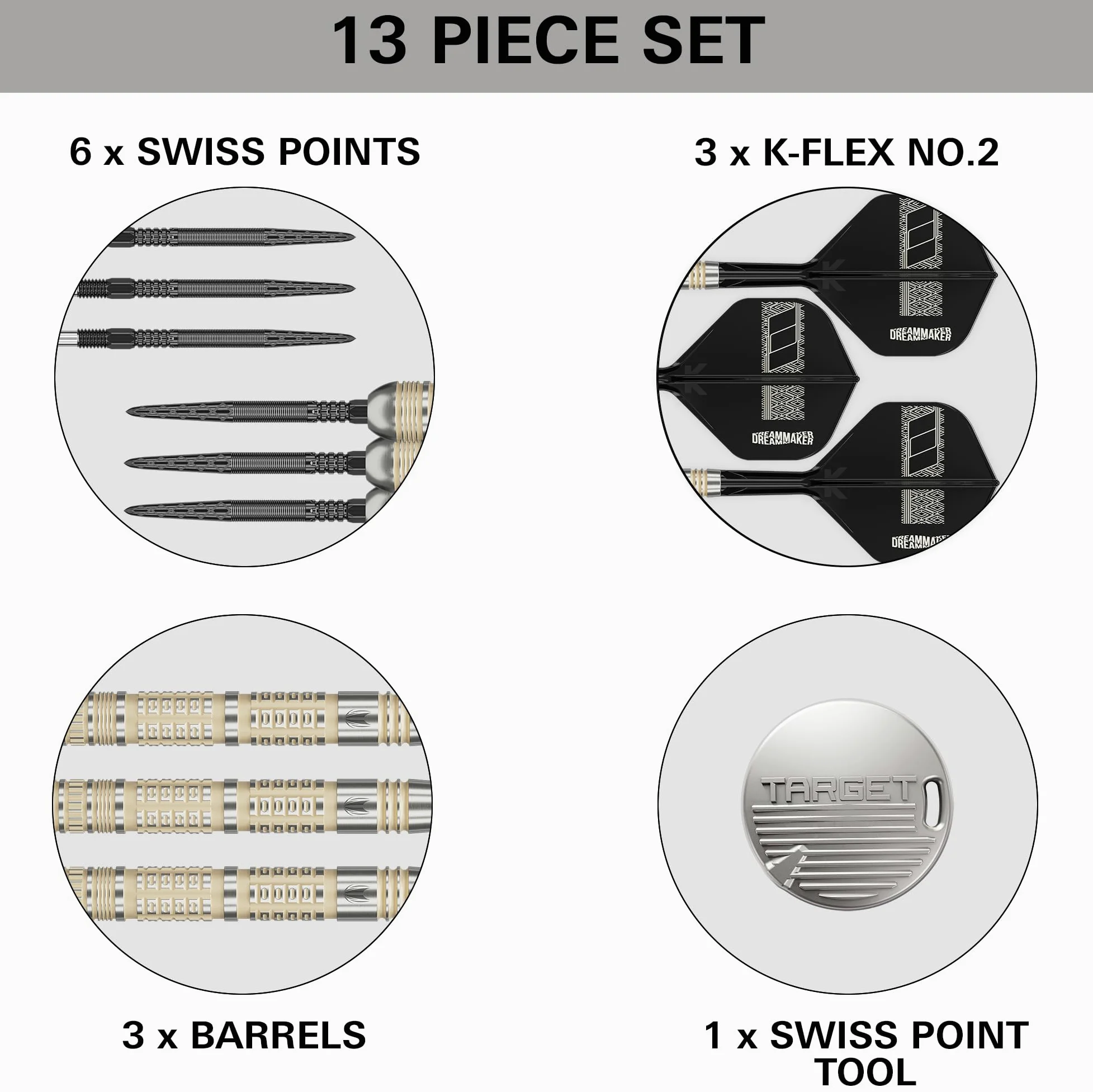 Target Darts Dimitri Van den Bergh Jeu de Fléchettes 95K à Pointe en Acier, 22G/23G/24G | Fléchettes 95% Tungstène, Ailettes Tige K-Flex N° 2, Pointes Swiss DX Noires Outil SP Inclus | Édition Joueurs