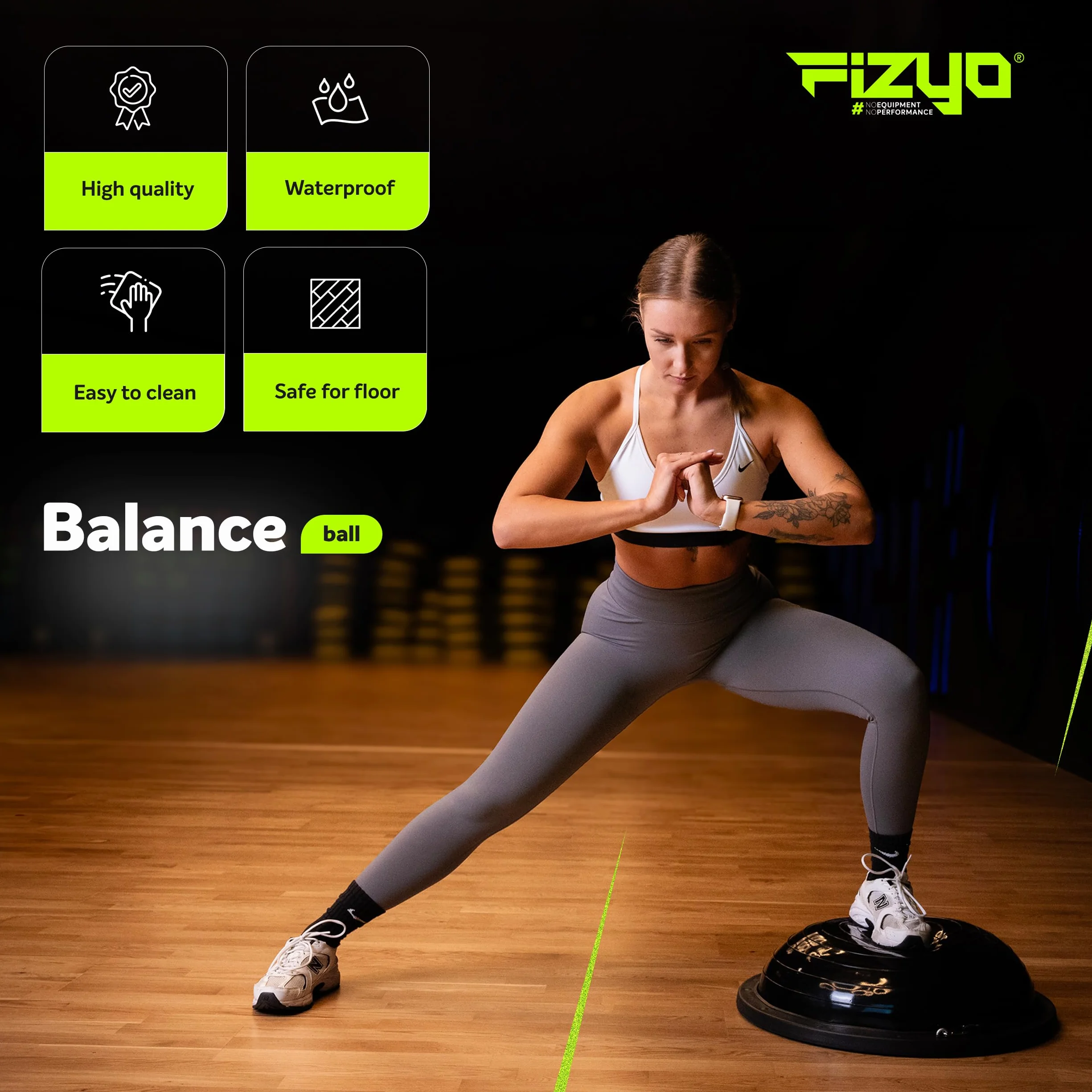 FIZYO Balance Trainer Demi-Boule Ø 58 cm, Ballon d'Équilibre Antidérapant avec Pompe, Noir