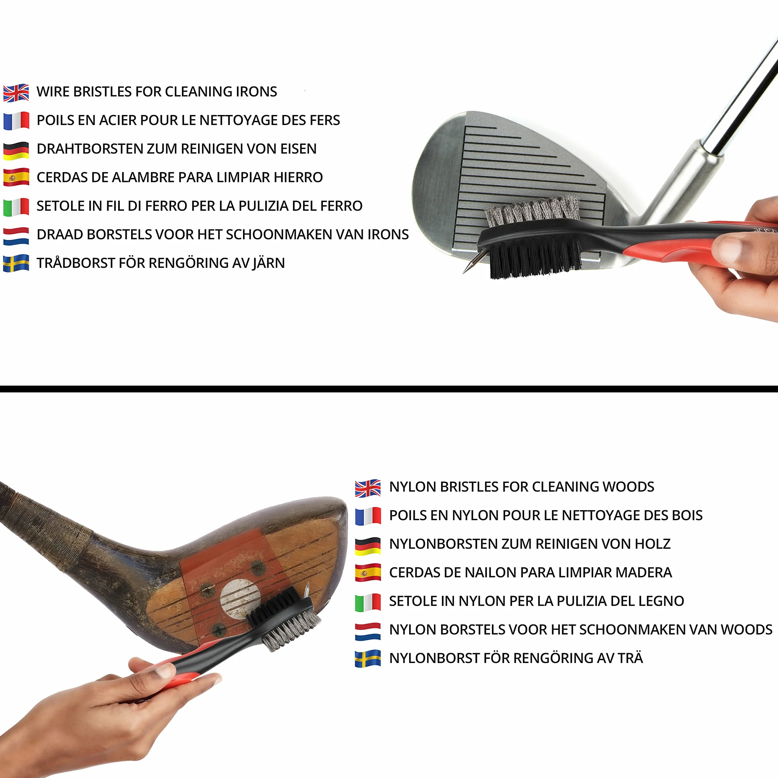 K&V GOLF Brosse pour Club de Golf et Rainures Brosse à Double Coté Nylon & Acier avec Pics pour Nettoyer Surface & Rainures de Club - Fournie avec Fermoir (Mousqueton) pour l'Accrocher Facilemen