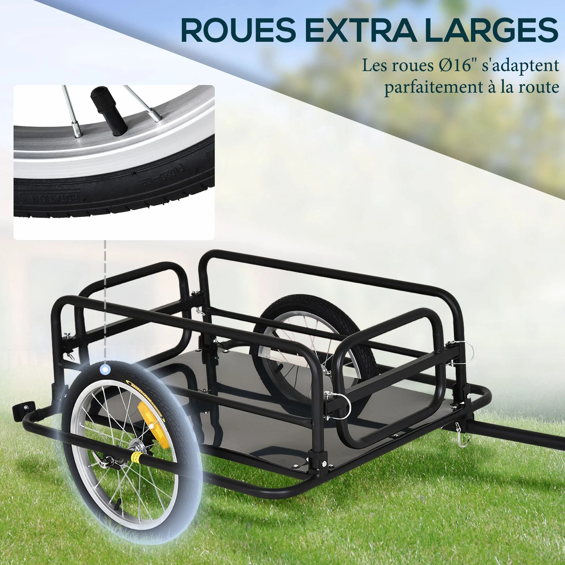 HOMCOM Remorque vélo transport 70L 139x71,5x49 cm Barre attelage Universelle Acier Noir