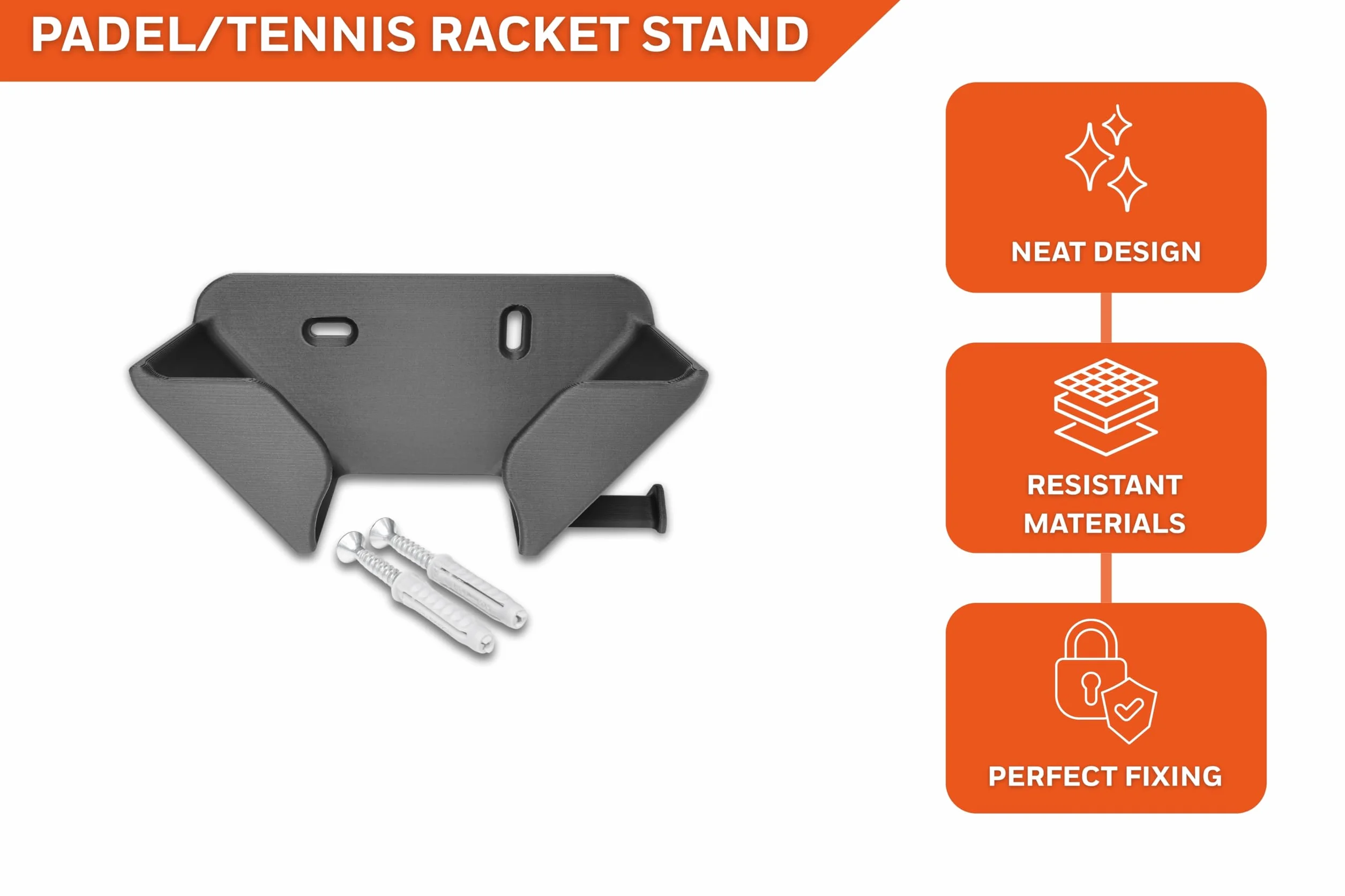 Support mural pour raquette de padel et tennis – Porte raquette murale confortable et anti-rayures – Convient à toutes les raquettes standard – Gain de place résistant avec vis et chevilles
