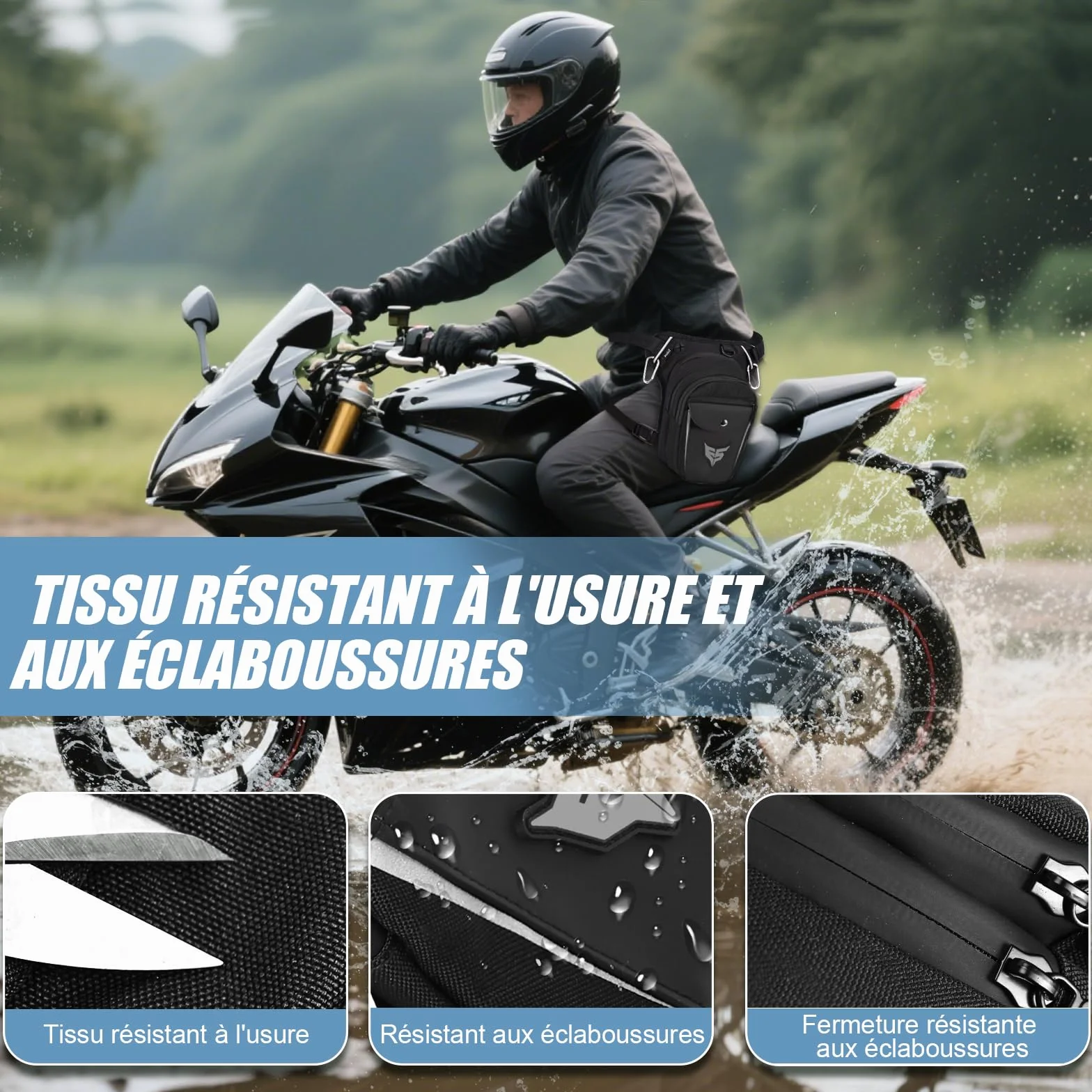 Eshow Sacoche de Jambe Moto Capacité Extensible, Sac Banane Femme Homme avec Bande Réfléchissante, 1 Clip à Gourde, 2 Mousquetons pour Randonnée Pêche