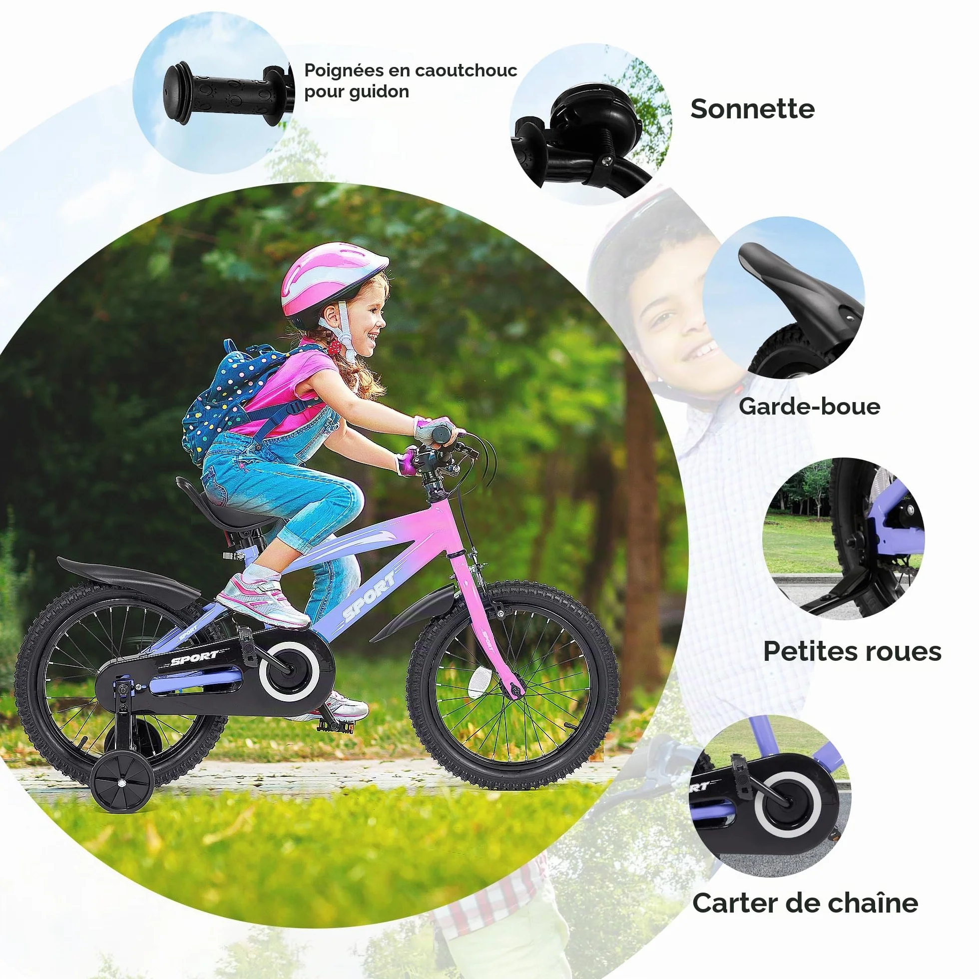BODIOO Vélo enfant 14 pouces garçon fille roues stabilisatrices cadre stable siège réglable frein arrière frein à main 94-107 cm