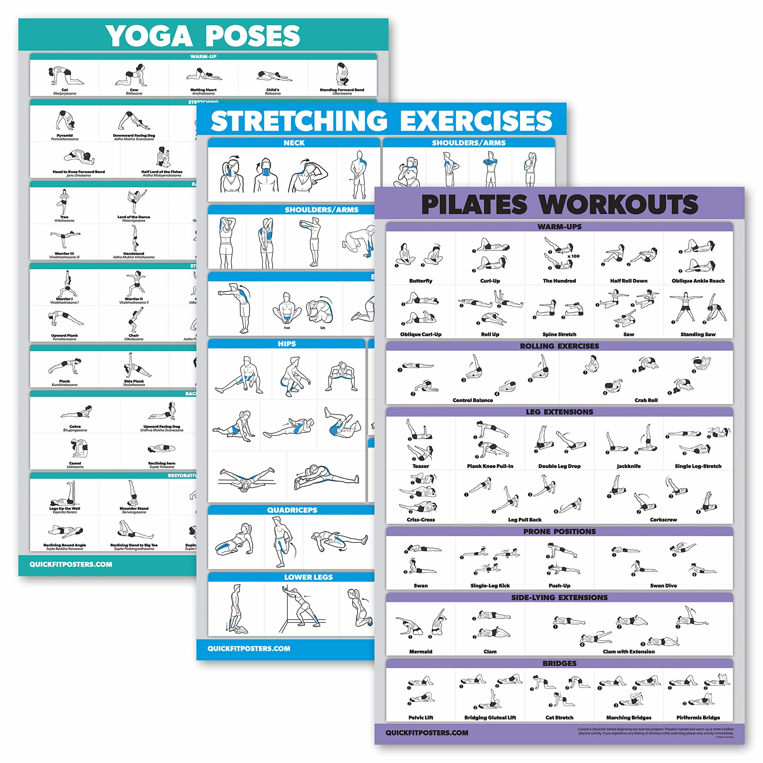 QUICKFIT Lot de 3 affiches yoga et stretching – Tapis pilates – Tableaux entraînement laminé 45,7 x 68,6 cm
