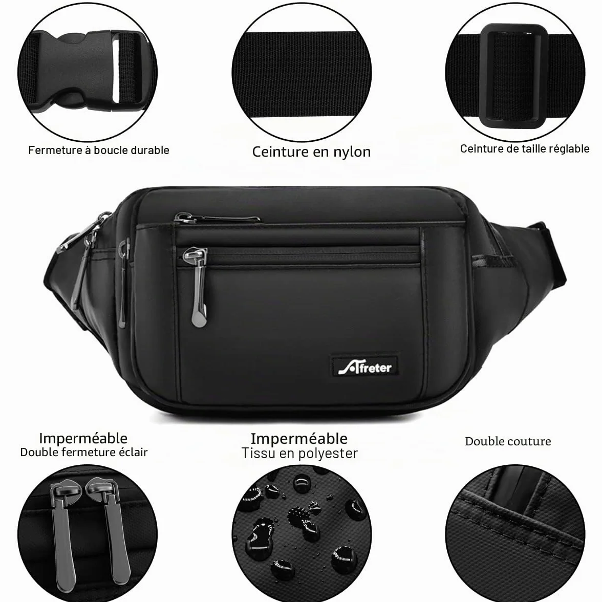 HNOOM Sac Banane Imperméable Homme Femme avec 5 Poches Sangle Réglable Grande Capacité Noir