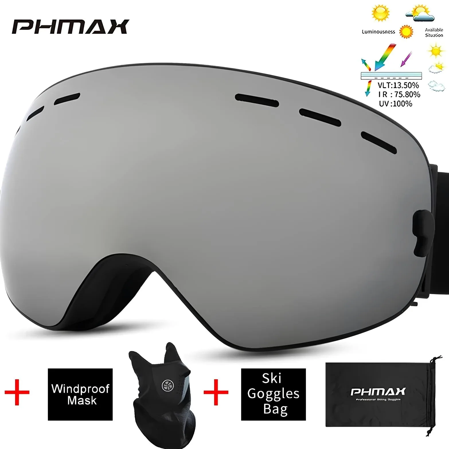 PHMAX - Masque de ski pour homme et femme, lunettes de ski snowboard motoneige sans monture 100% UV400, anti-buée, masque de ski d'hiver