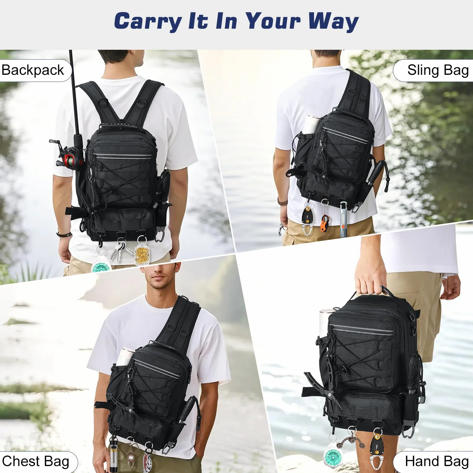 MoKo Sac à dos de pêche imperméable avec support canne, rangement accessoires nylon, camping, chasse, Noir