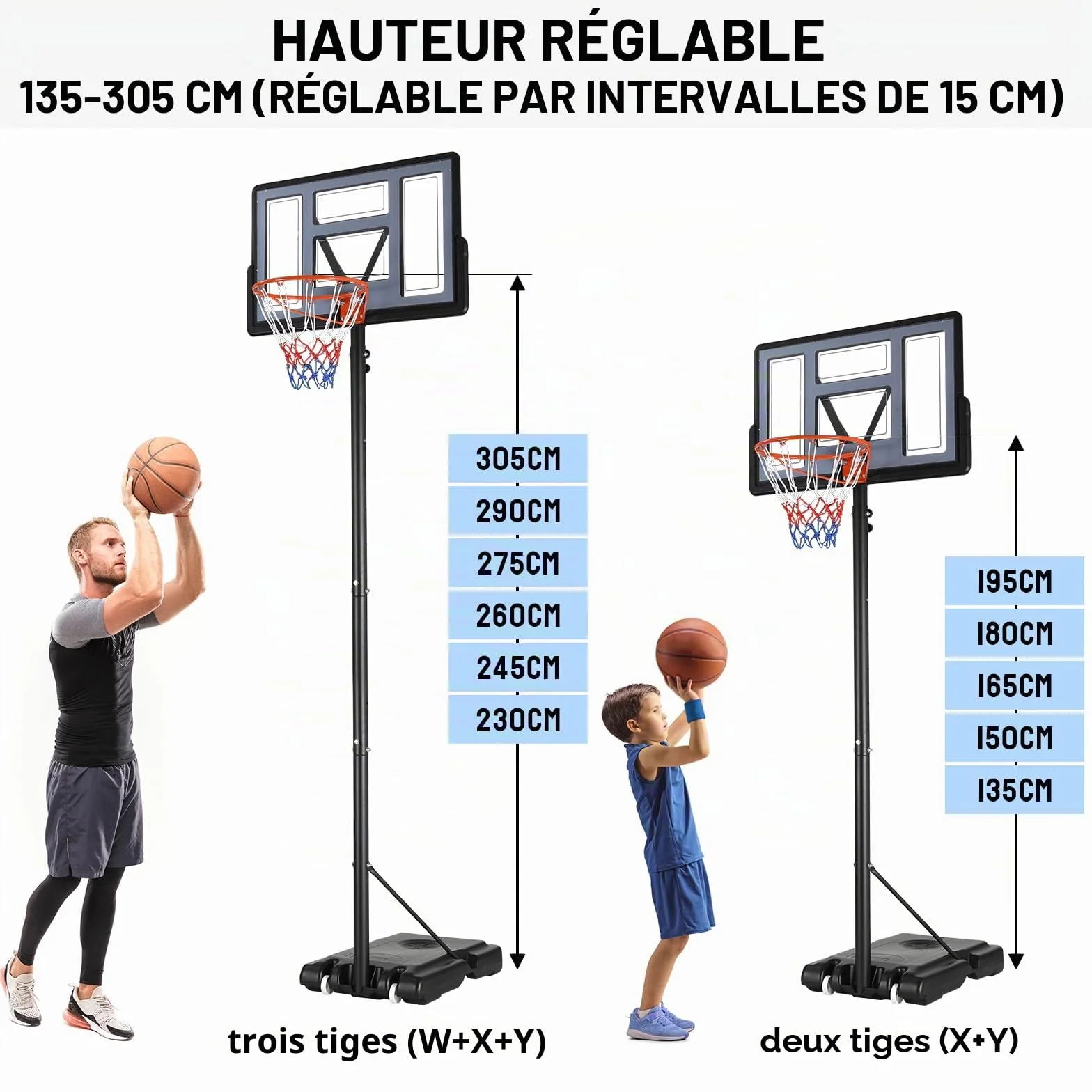 Panier de basket extérieur réglable 135-305 cm, panneau arrière 110x71 cm