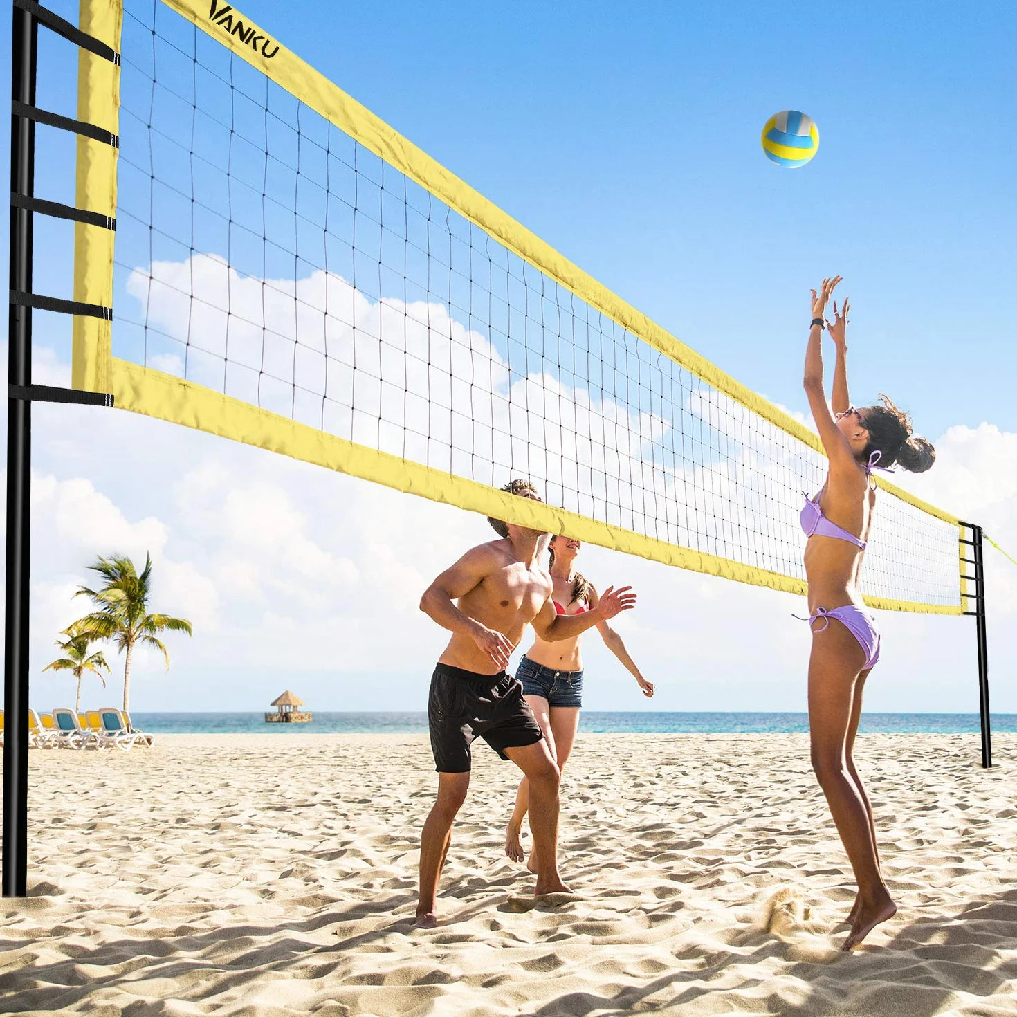 Vanku Filet de Badminton Volley-Ball Tennis Extérieurs Portable Réglable en Hauteur 9.75M x 0.9M