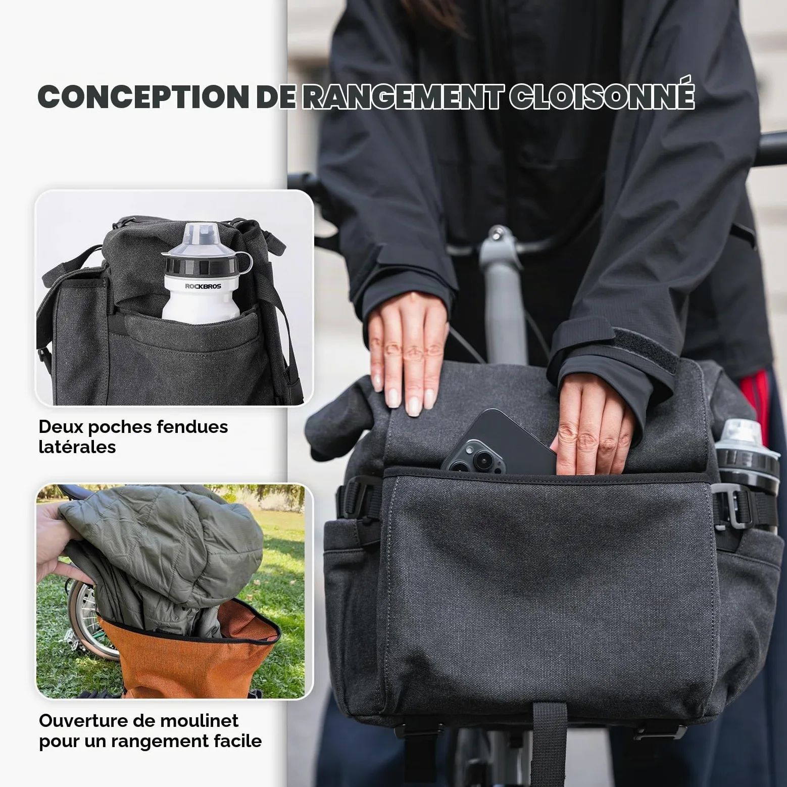 ROCKBROS Sacoche Avant pour Vélo Brompton Sacoche de Guidon pour Vélo Pliant Multifonctionnel Grande Capacité 11.5-16.8L Extérieur Ajustable Noir