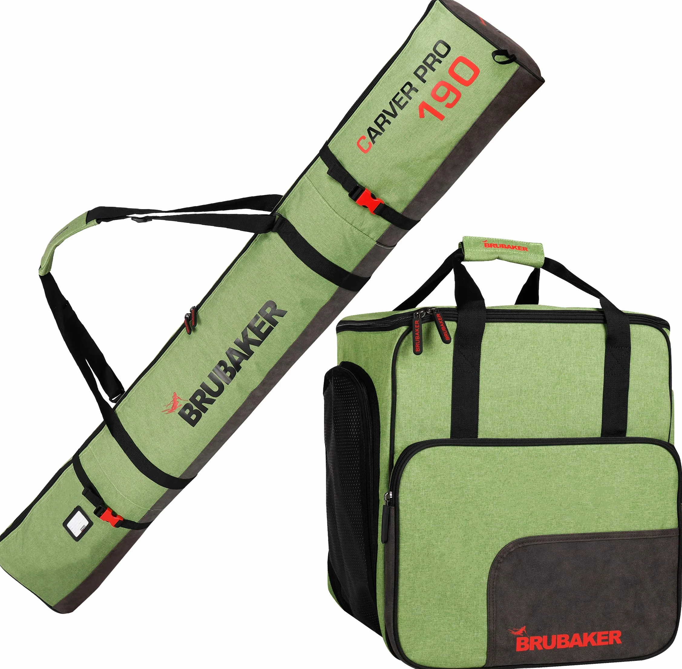 BRUBAKER Set de Ski Carver Performance Housse à Skis Sac Chaussures 1 Paire Skis Bâtons Chaussures Casque Vert Noir