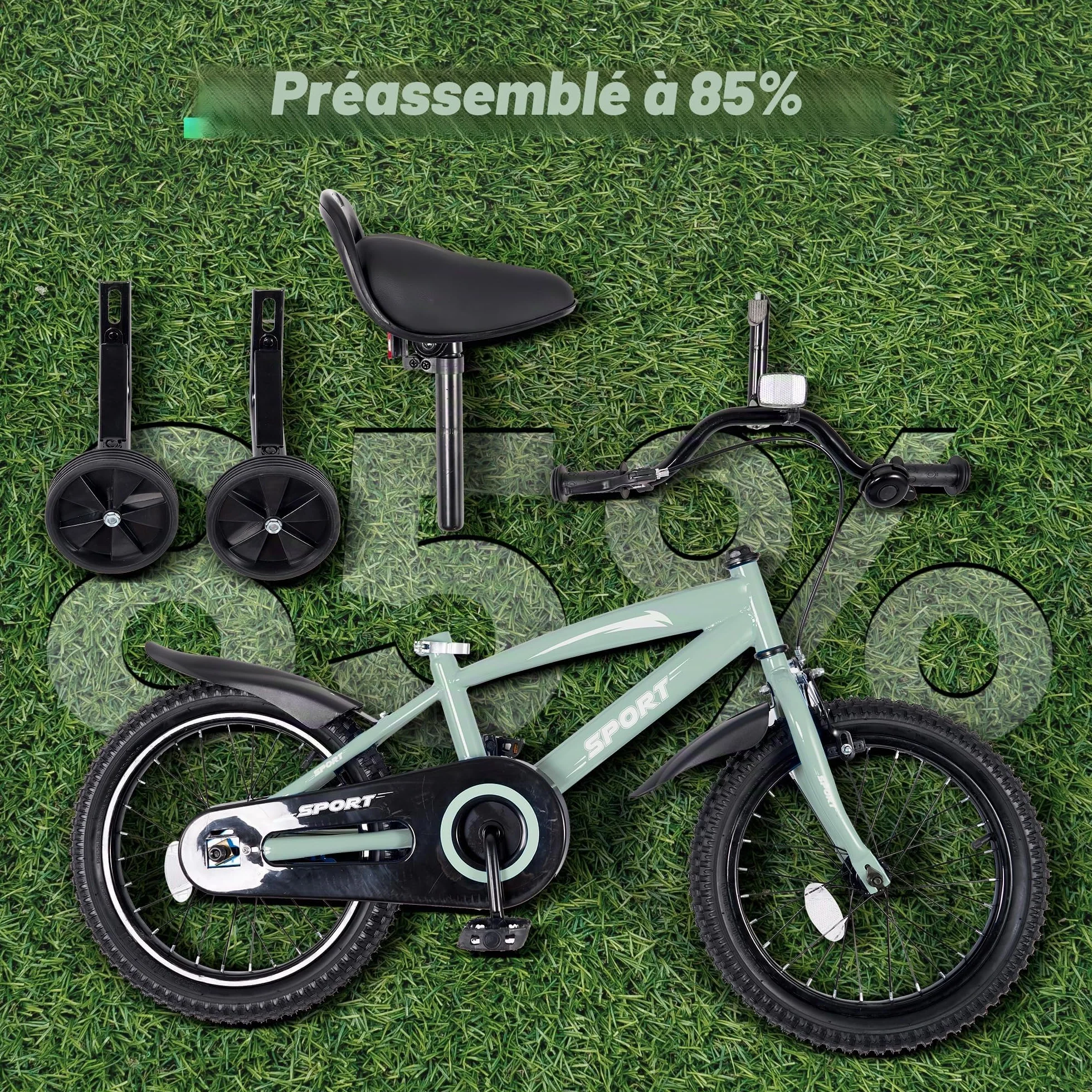 BODIOO Vélo Enfant 12 Pouces Siège Réglable Double Freins Roues Stabilisatrices Réflecteur Garde-Boue 84-97 cm