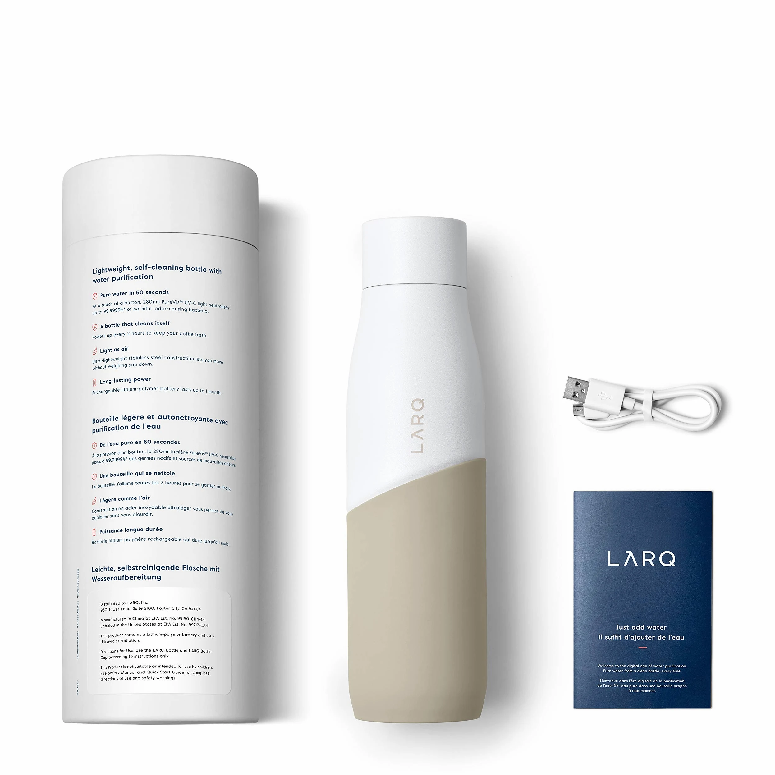 LARQ Movement PureVis 710ml – Gourde UV auto-nettoyante en acier inoxydable avec housse en silicone | Légère, antichoc, garde l’eau fraîche | Sport, course, plein air, White/Dune
