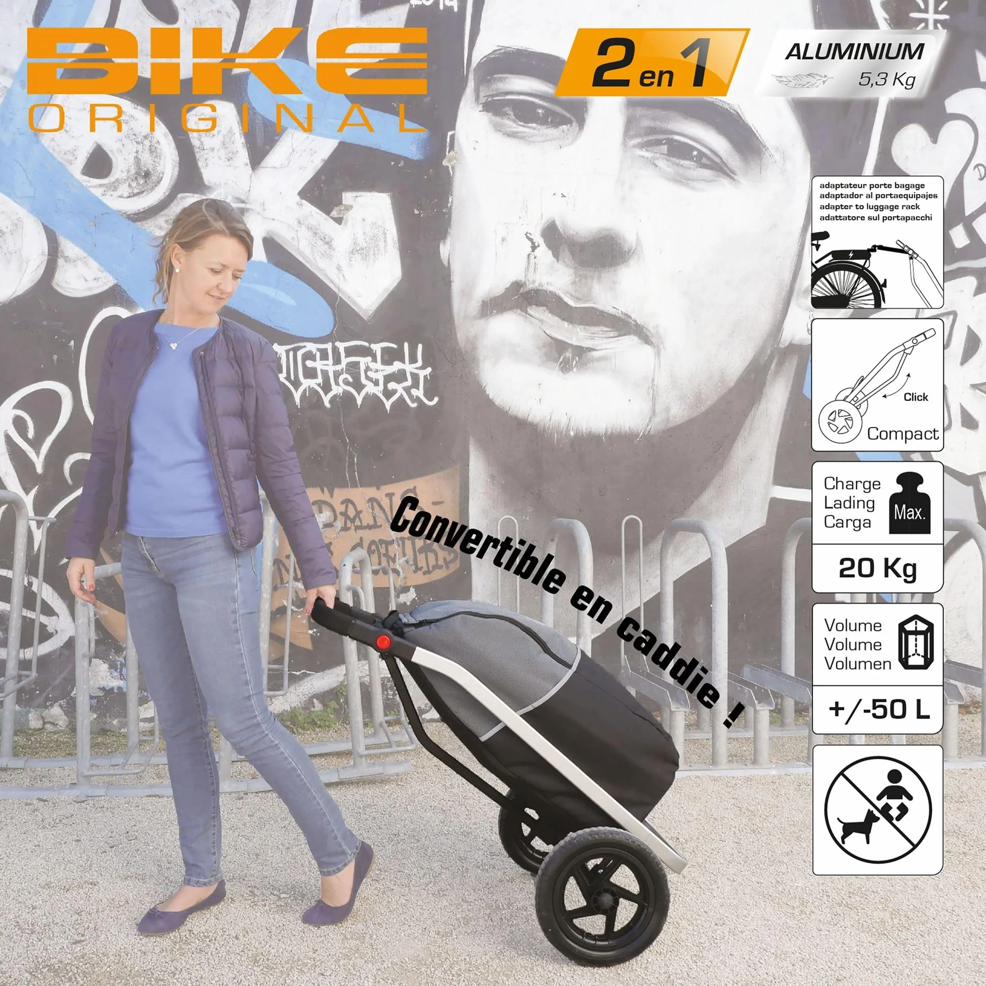 Remorque de vélo 50L 20kg roues gonflables compatible e-Bike VTT ville route