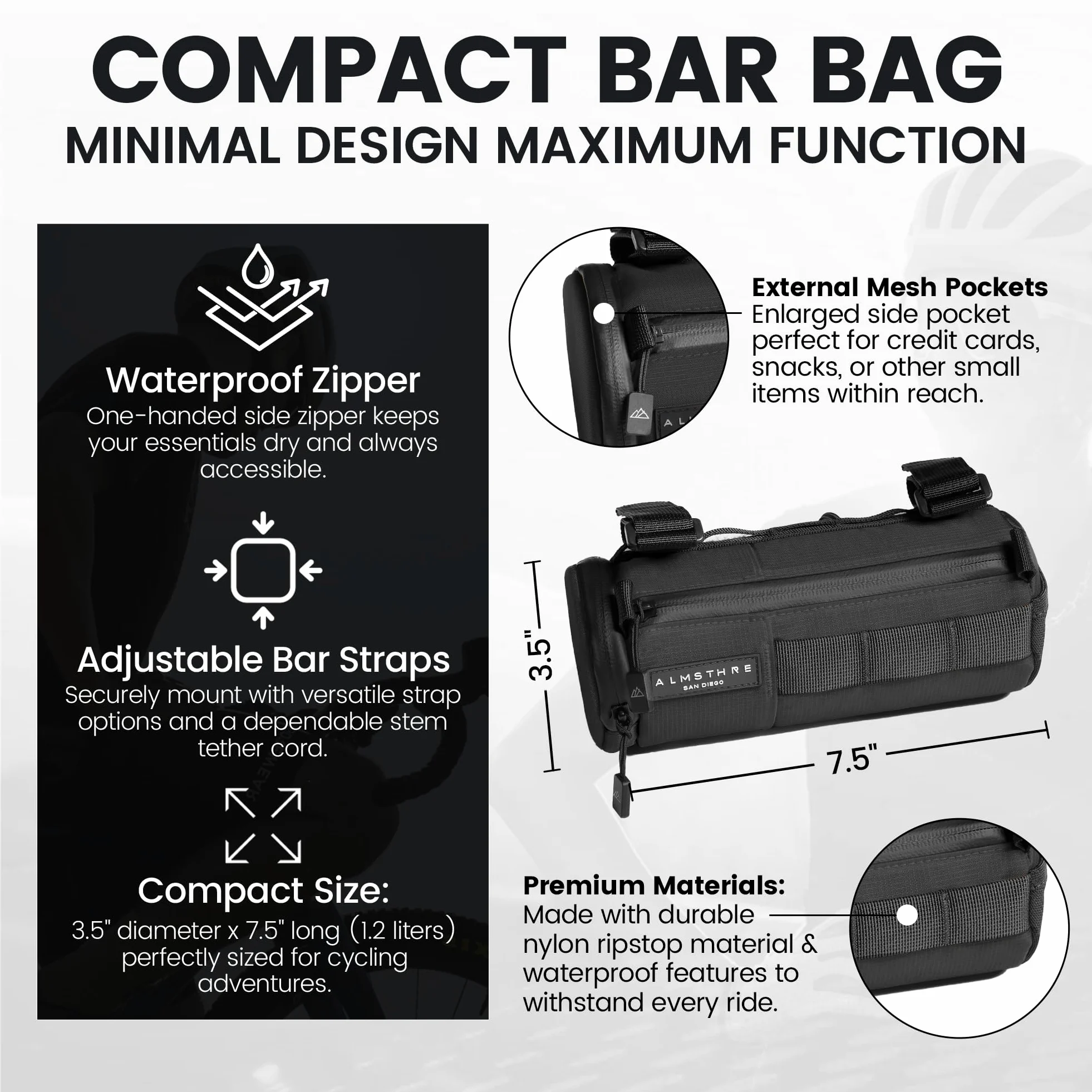 ALMSTHRE Sac de guidon compact – Noir minuit | Sac de guidon de vélo à coque rigide avec fermeture éclair étanche et sangles réglables | Sac de guidon de vélo léger, compatible avec les vélos de route