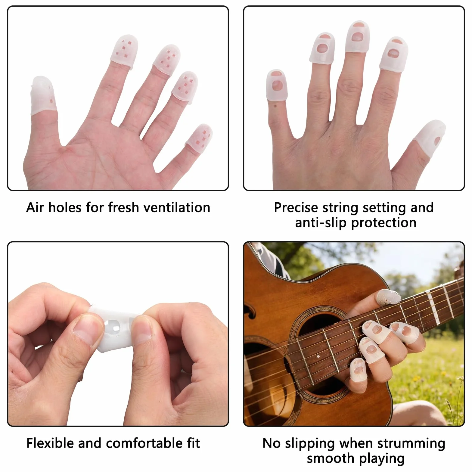 Protege Doigts Silicone 5 Tailles Transparent pour Guitare Ukulele Basse, Capuchons Doigt Respirant Anti Derapant
