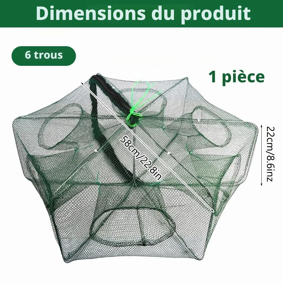 Piège à crevettes, 58 × 22 cm Poissons de crabe en nylon, filet de pêche automatique, 6 trous filet de pêche pliable en nylon, pour attraper les crabes, les homards, les crevettes et les crabes