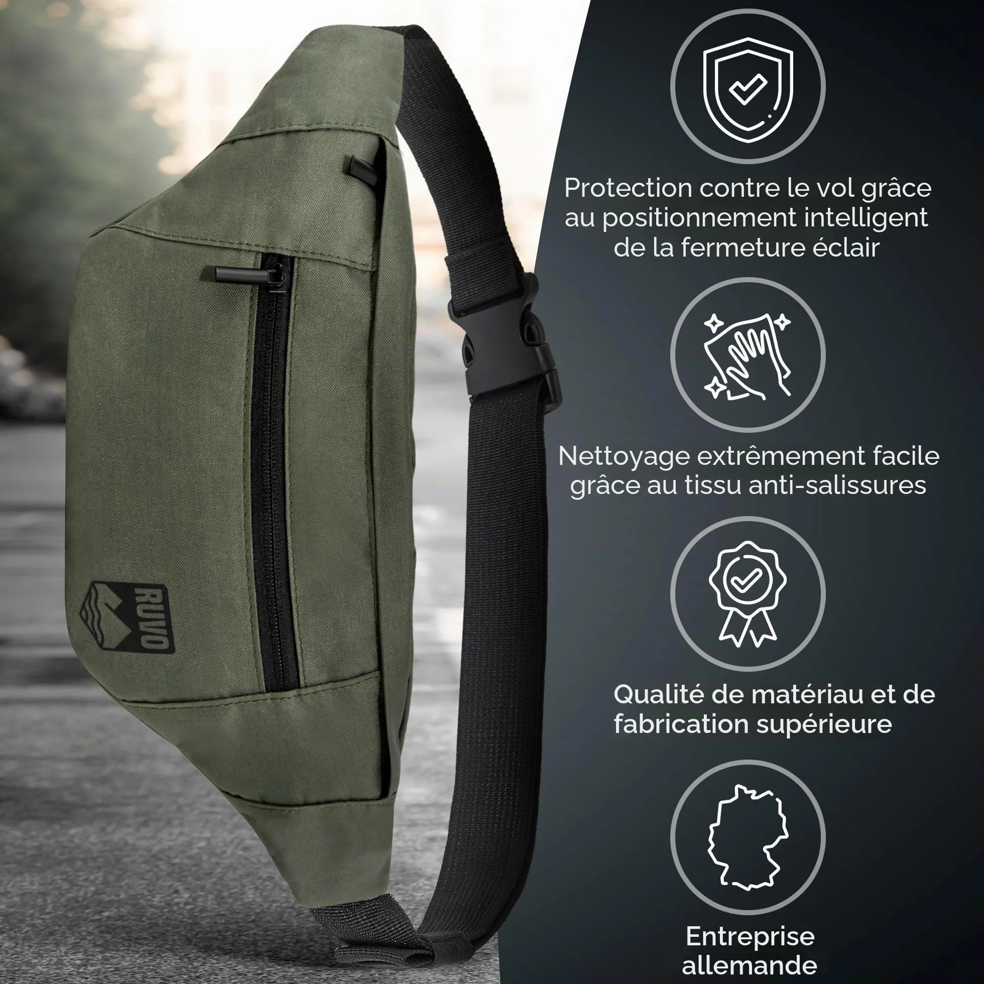 RUVO® sac banane élégant - 4 compartiments, fermeture éclair - rangement maximal pour toutes les activités, Olive, taille unique