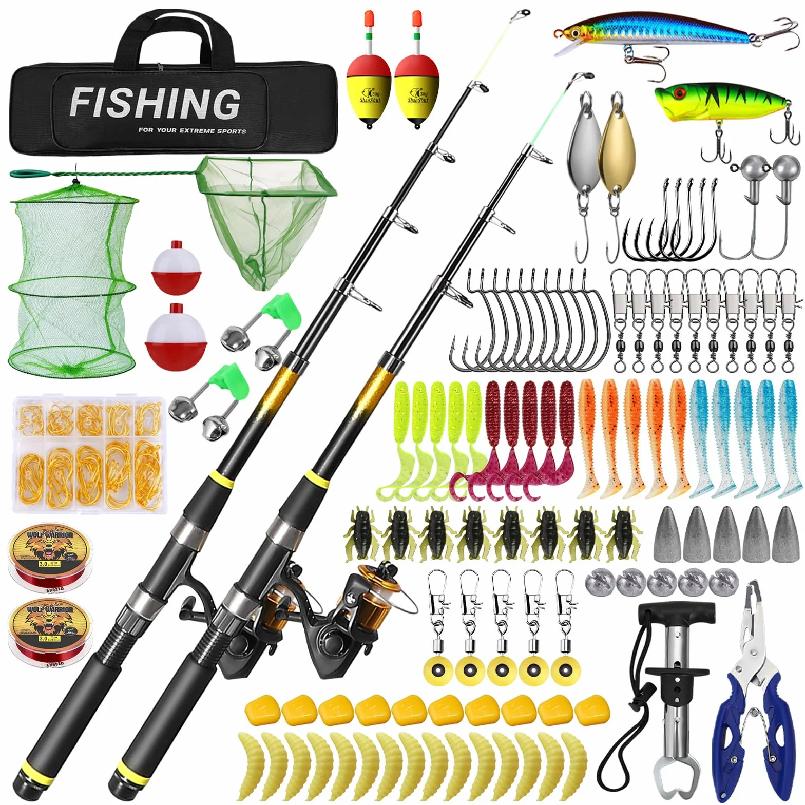 Lot de 2 cannes à pêche télescopiques 1,8 m/2,1 m avec 102 accessoires kit de pêche complet pour débutants