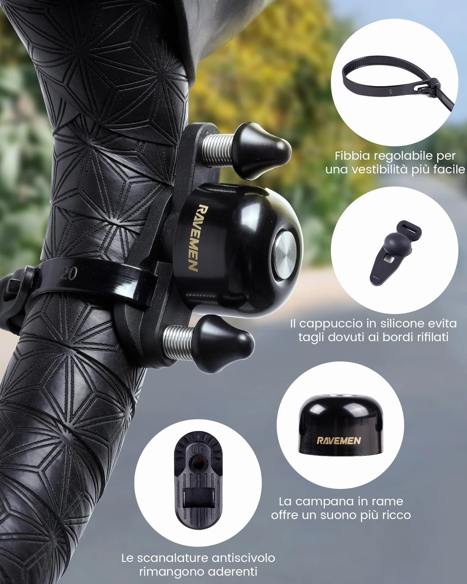 RAVEMEN Q3 Sonnette de Vélo de Route 90-100 DB Double Marteau Compatible Guidons 47 mm Laiton Étanche