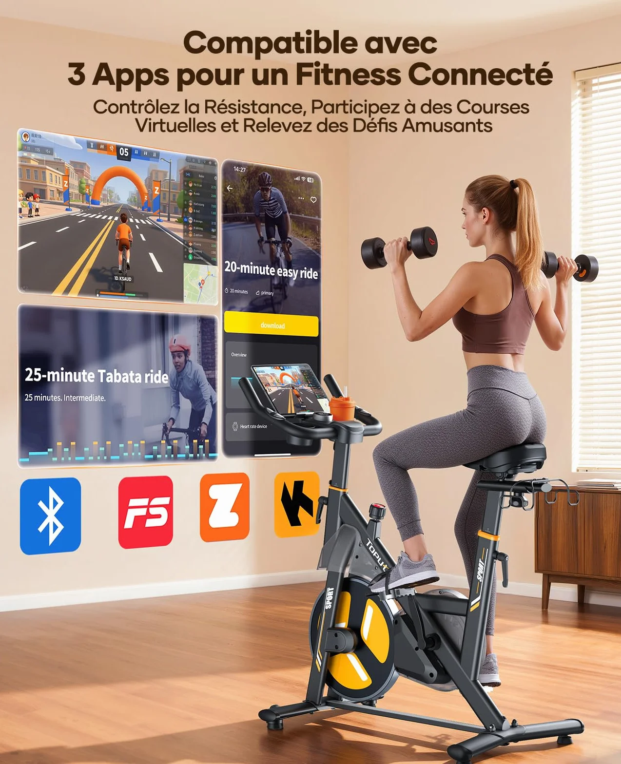TOPUTURE Vélo d'Appartement Silencieux Résistance Magnétique Électrique 32 Niveaux Écran Tactile App Capteur Cardiaque Support Haltères 150kg